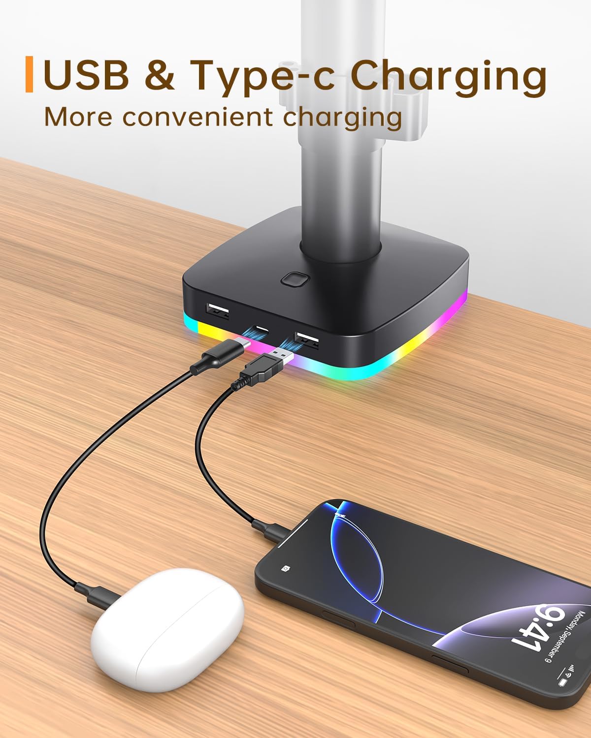 Afaloona RGB Monitor Stand with USB Hub for 13-27" Monitors, up to 17.6 lbs | Single monitor mount with 1 USB-C and 2 USB-A ports supports charging and data transfer for gaming desks and workstations