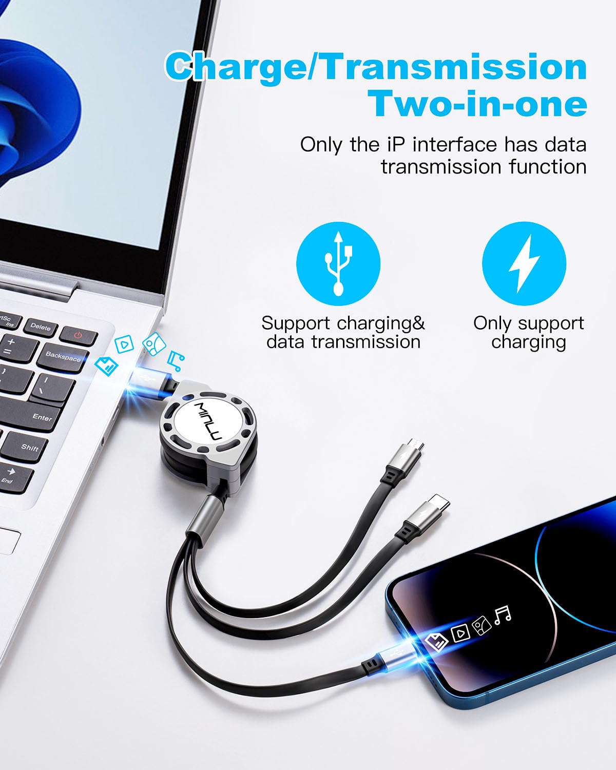 Multi Charging Cable 3A, Retractable Car Charger Cord for Multiple Devices | 3 in 1 Retractable Cable,USB C Data Sync Fast Charger Cord Adapter with Lightning/Type C/Micro USB Ports for Cell Phones 4ft