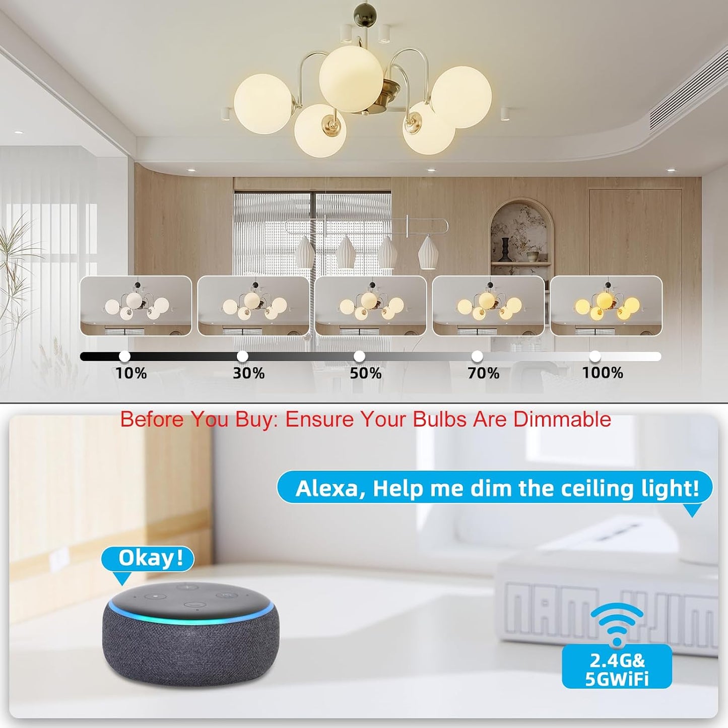 Wireless Dimmer Switch, Remote Light Switch and Receiver kit, Compatible with Alexa Voice Control, Smart Wall Switch Lighting Fixture for Ceiling Lights Pendant Lamps, Support 2.4G&amp;5G