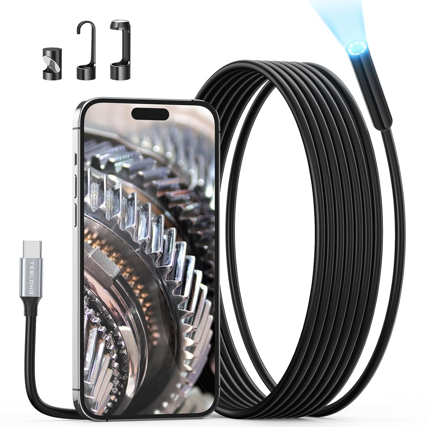 Teslong 10FT USB C Endoscope Camera for iPhone 15/16/17,Android Phone | Plug and Play, 8 LED Lights, 1.0MP HD Camera, IP67 Waterproof, Flexible Snake Cable, for Mechanic Automotive HVAC Drain Wall