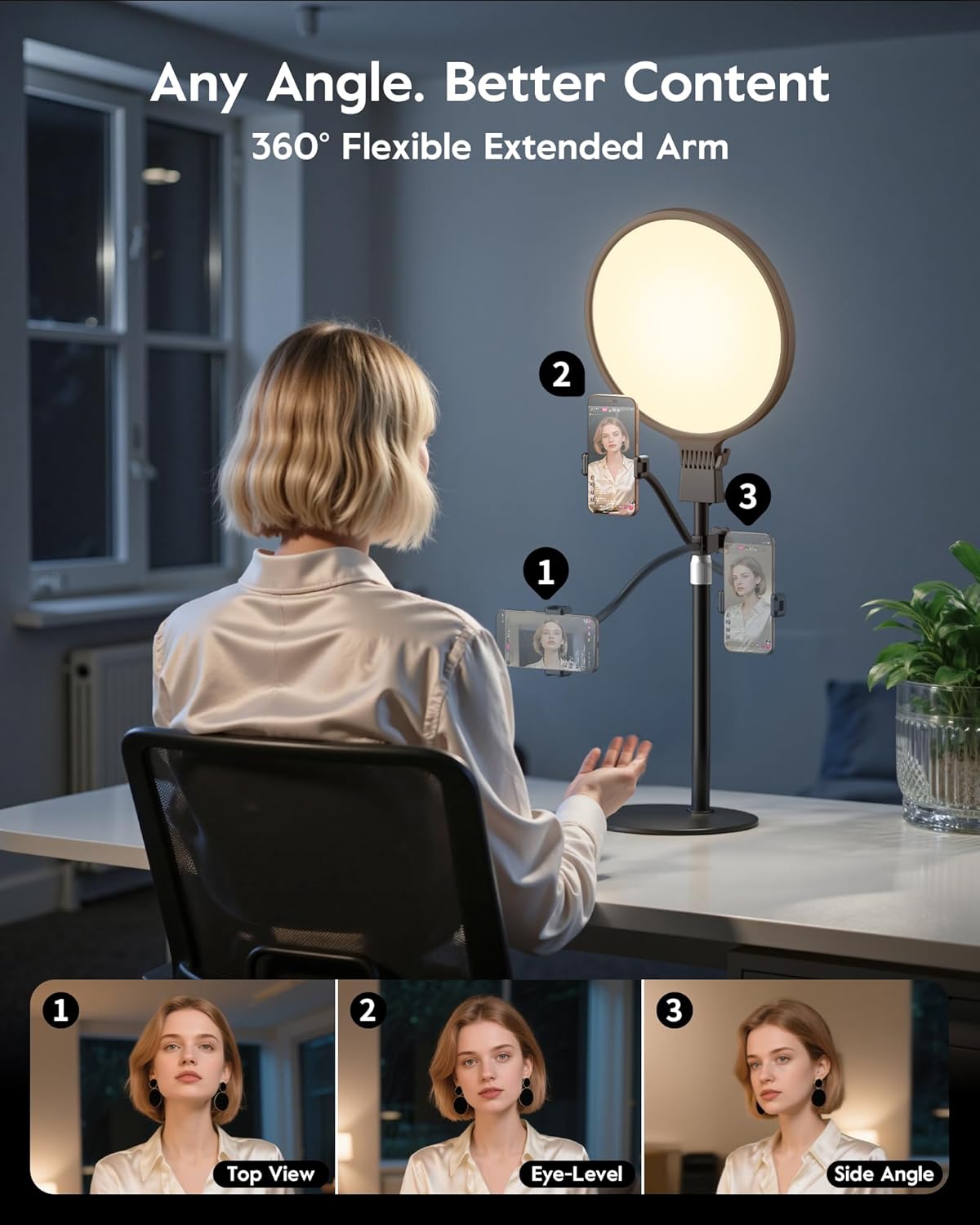1300 Lumens Ring Light with Stand for Desk, Computer &amp; Laptop – Podcast &amp; Streaming Light with Flexible Phone Holder, CRI 98+ Bright Yet Soft Influencer Light for Video Recording, Conference &amp; Calls