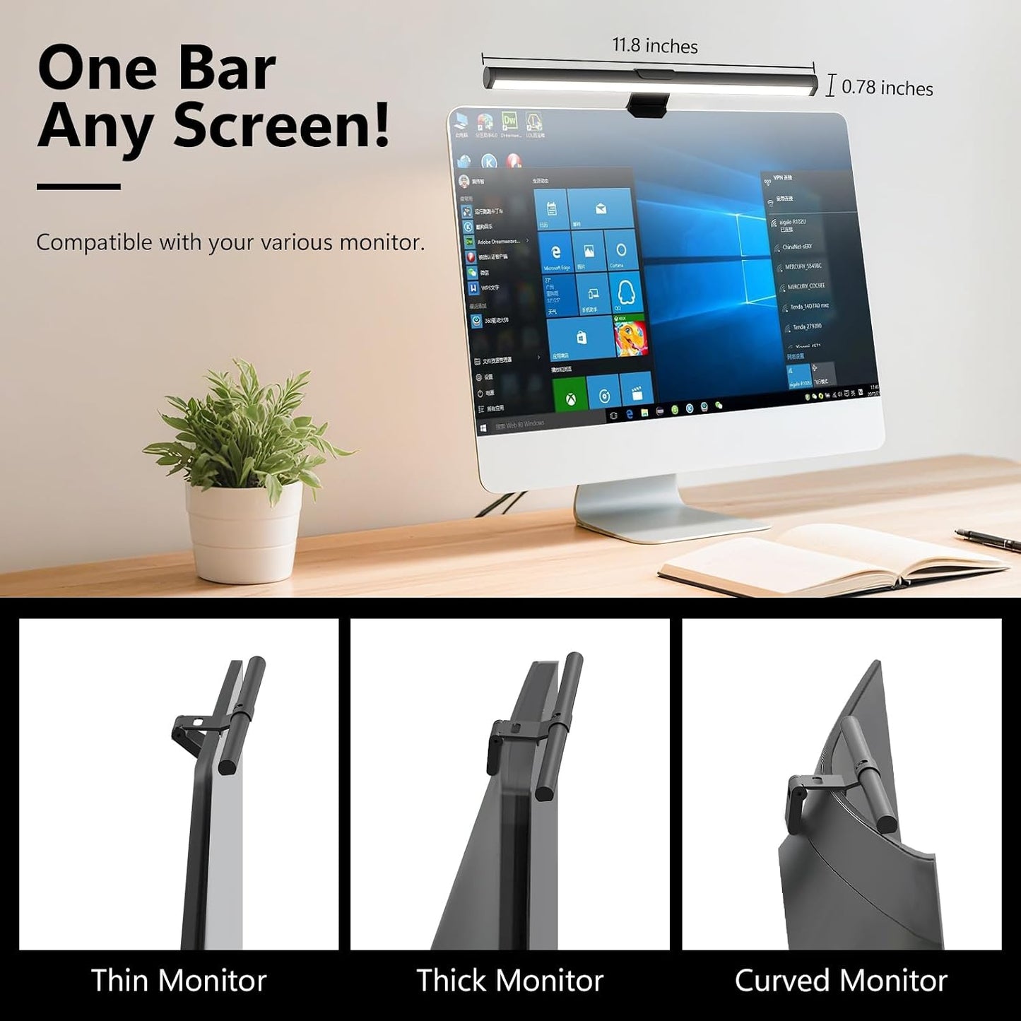 Monitor Light Bar, Eye-Care USB Reading Mnitor lamp, 11.8'' LED Computer Lights with Ultrawide Lighting, 3 Color Temperature Dimmable Desk Light for Home Office Gaming