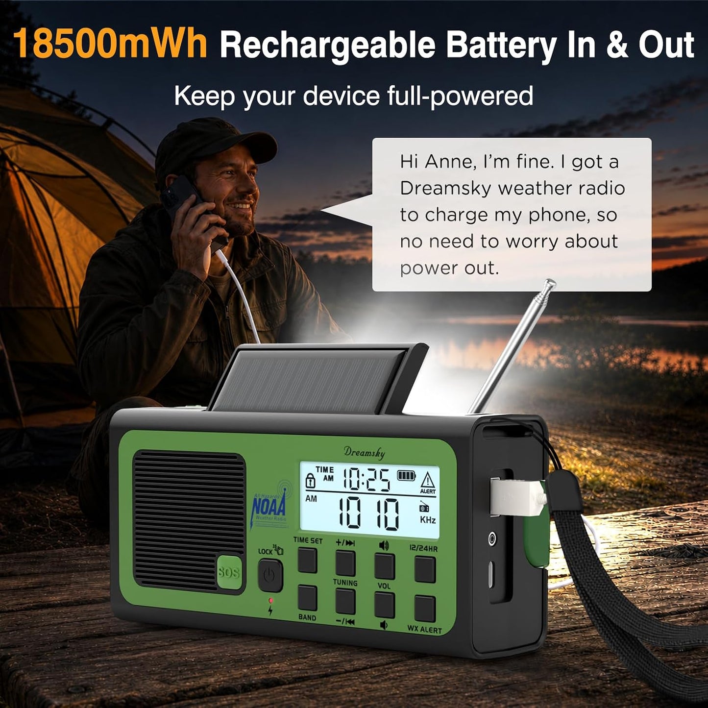 DreamSky Hand Crank Emergency Weather Radio NOAA Alert with Solar Powered | Portable Radio AM FM SW, 18500mWh Rechargeable Battery Operated, Loud SOS Alarm, Flashlight & Reading Lamp, USB Port