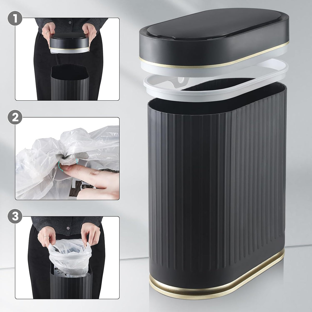 ELPHECO Slim Bathroom Trash Can with Lid, 2 Gallon Black Golden
