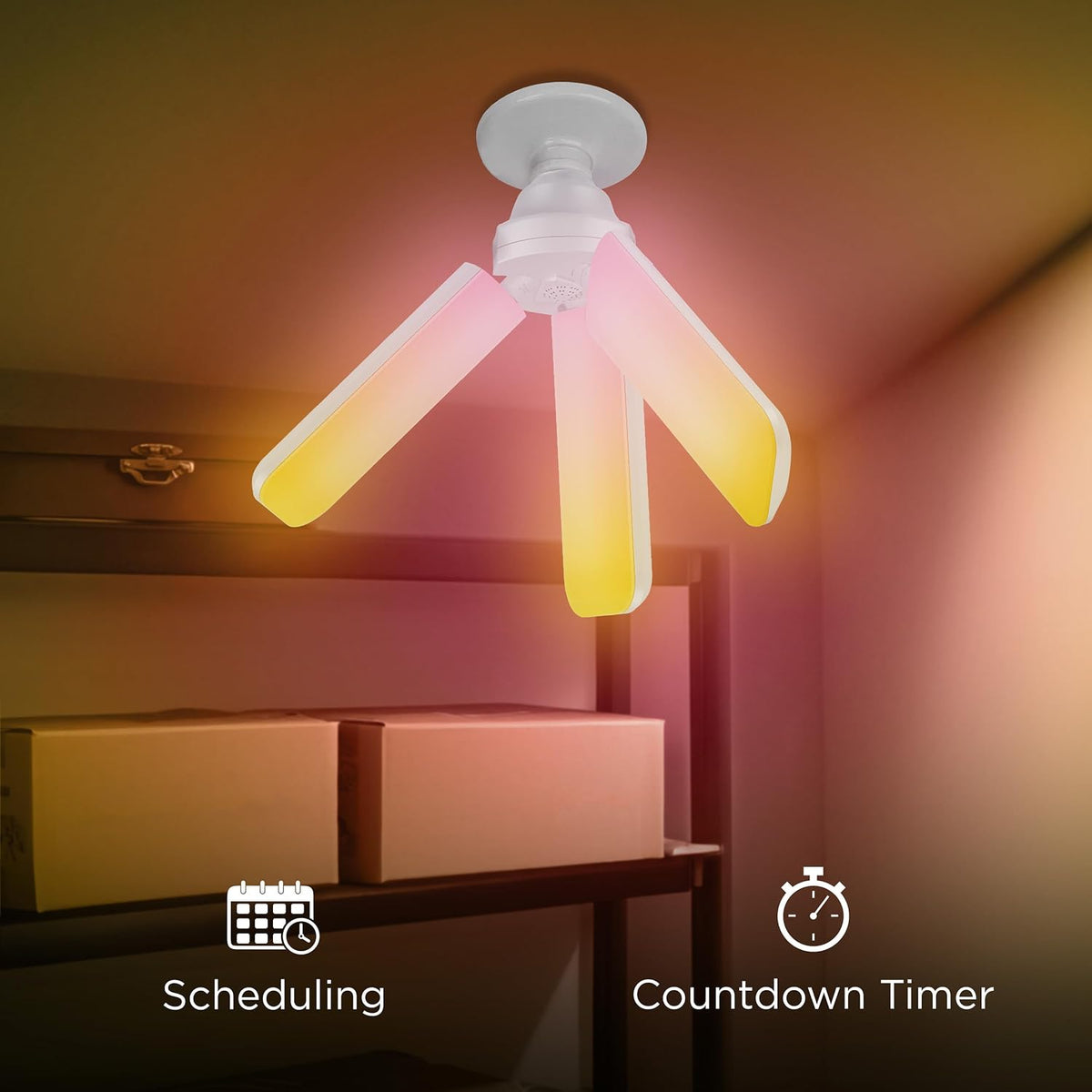 Feit Electric Smart LED Garage Light, 4000 Lumens RGBW Color Changing Deformable Panels, 2.4GHz WiFi App Control, Works with Alexa & Google, E26 Screw-in Ceiling Light for Garage ADJ4000/RGBW/LED/AG