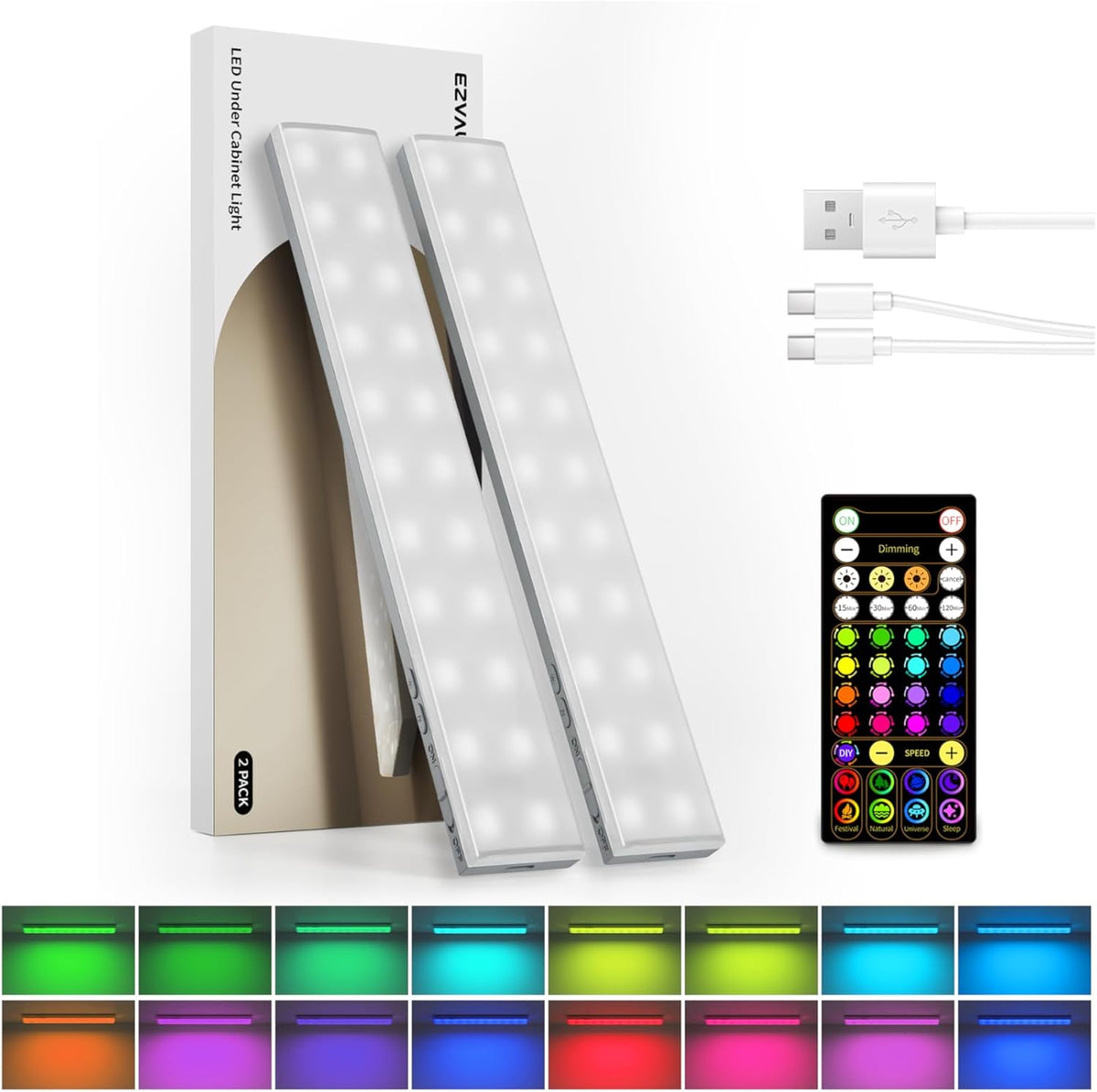 EZVALO 80RGB Color Changing Under Cabinet Lighting Wireless, 1800mAh Rechargeable Led Strip Shelf Lights, Timer & Dimmable Bar Light with Remote for Kitchen, Bedroom, Display Case, 6Pack