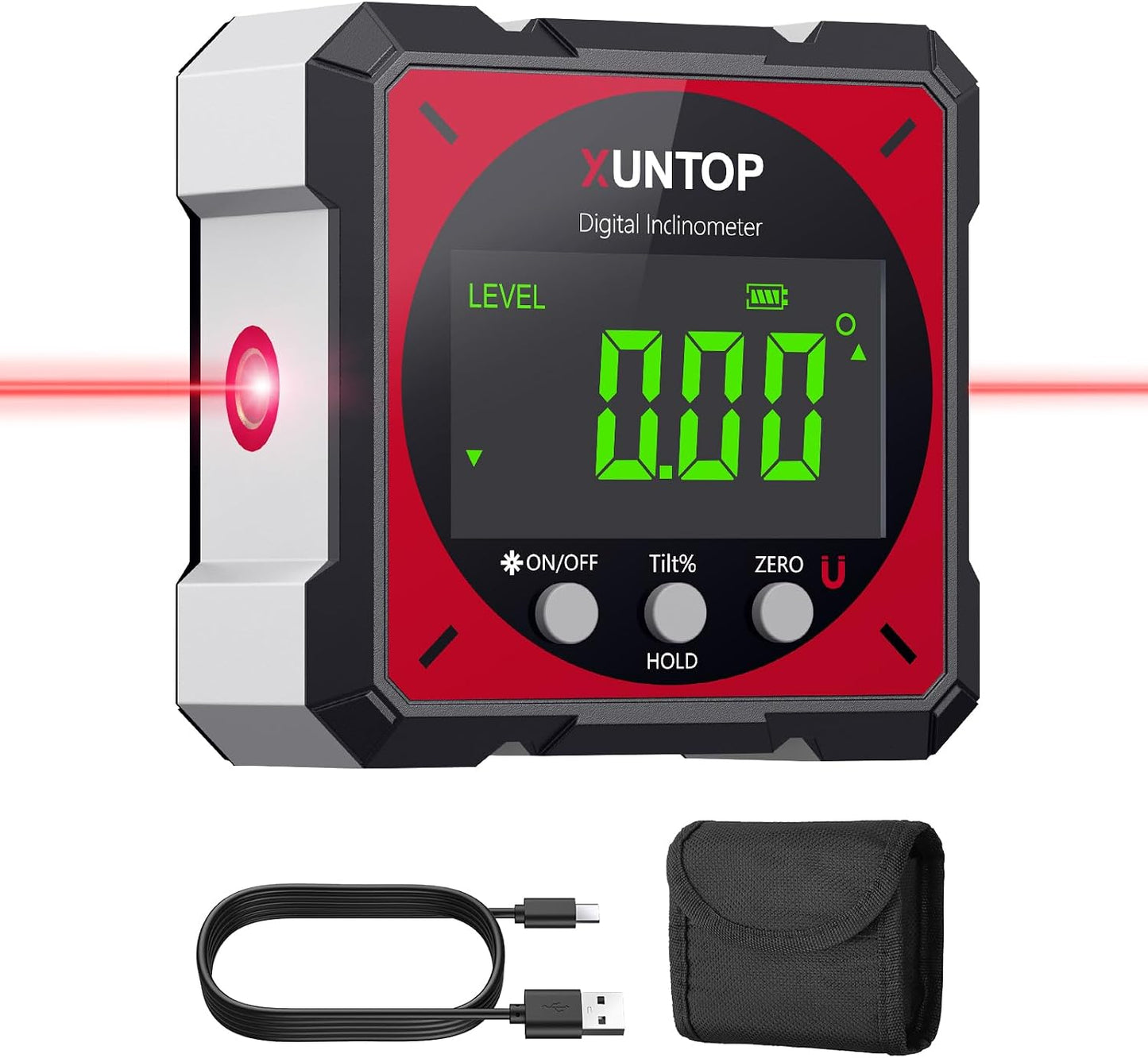 USB Charging Digital Angle Finder with Laser (Class 2, <1mW Output) | 4-side Strong Magnetic Angle Gauge IP54 Waterproof Inclinometer Level for Hanging Decorations Woodworking