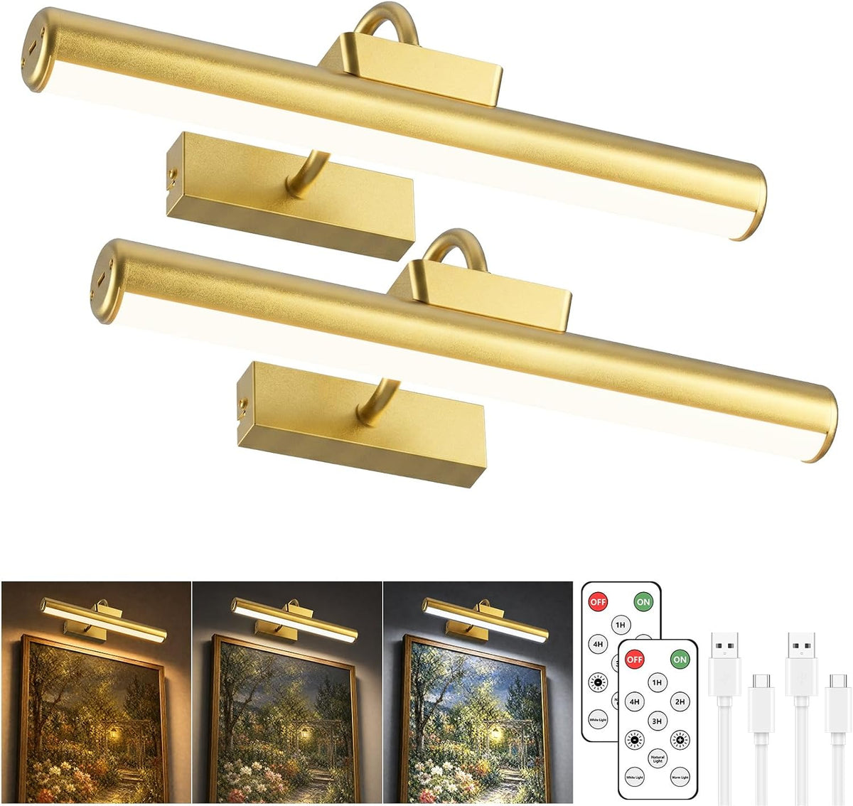 13" Wireless Picture Lights for Wall, Rechargeable Art Light, 2Pack Gold