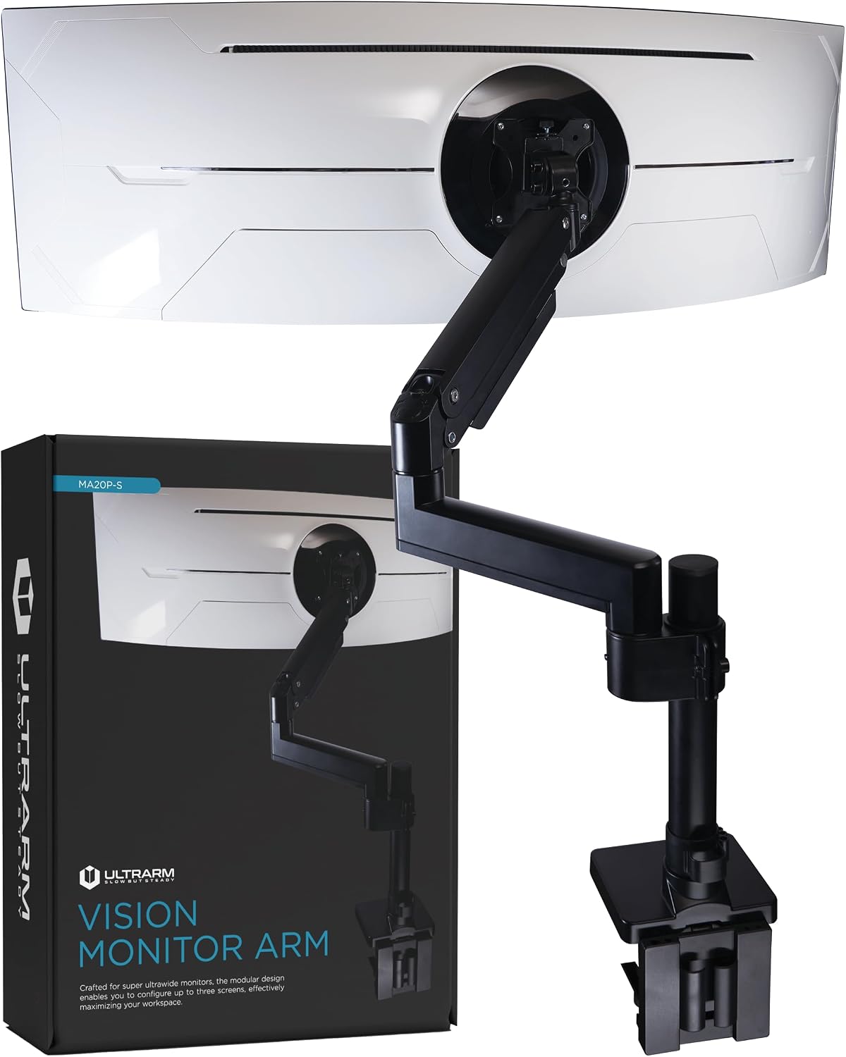 ULTRARM Heavy Duty Monitor Arm for Ultrawide Monitors up to 57" and 44 lbs, Single Desk Stand, Pneumatic Height Adjustable, Modular Extension Arms - Max VESA 100x100, Black, MA20P-S