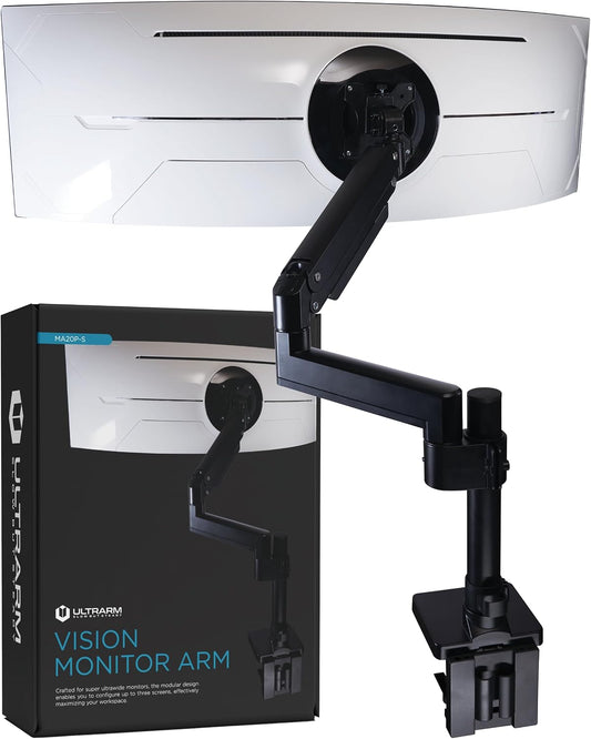 ULTRARM Heavy Duty Monitor Arm for Ultrawide Monitors up to 57" and 44 lbs, Single Desk Stand, Pneumatic Height Adjustable, Modular Extension Arms - Max VESA 100x100, Black, MA20P-S