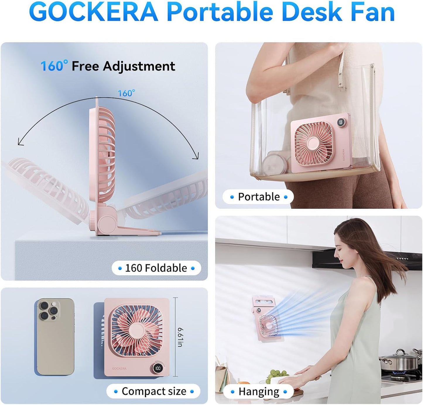 GOCKERA Desk Fan, 6.61''Ultra-thin 5000mAh Battery Powered Fan with Powerful Wind,100 Speeds Adjustable&Digital Display,Timer,Ultra-quiet Small Portable Fan for Bedroom,Office,Travel,Summer Essentials