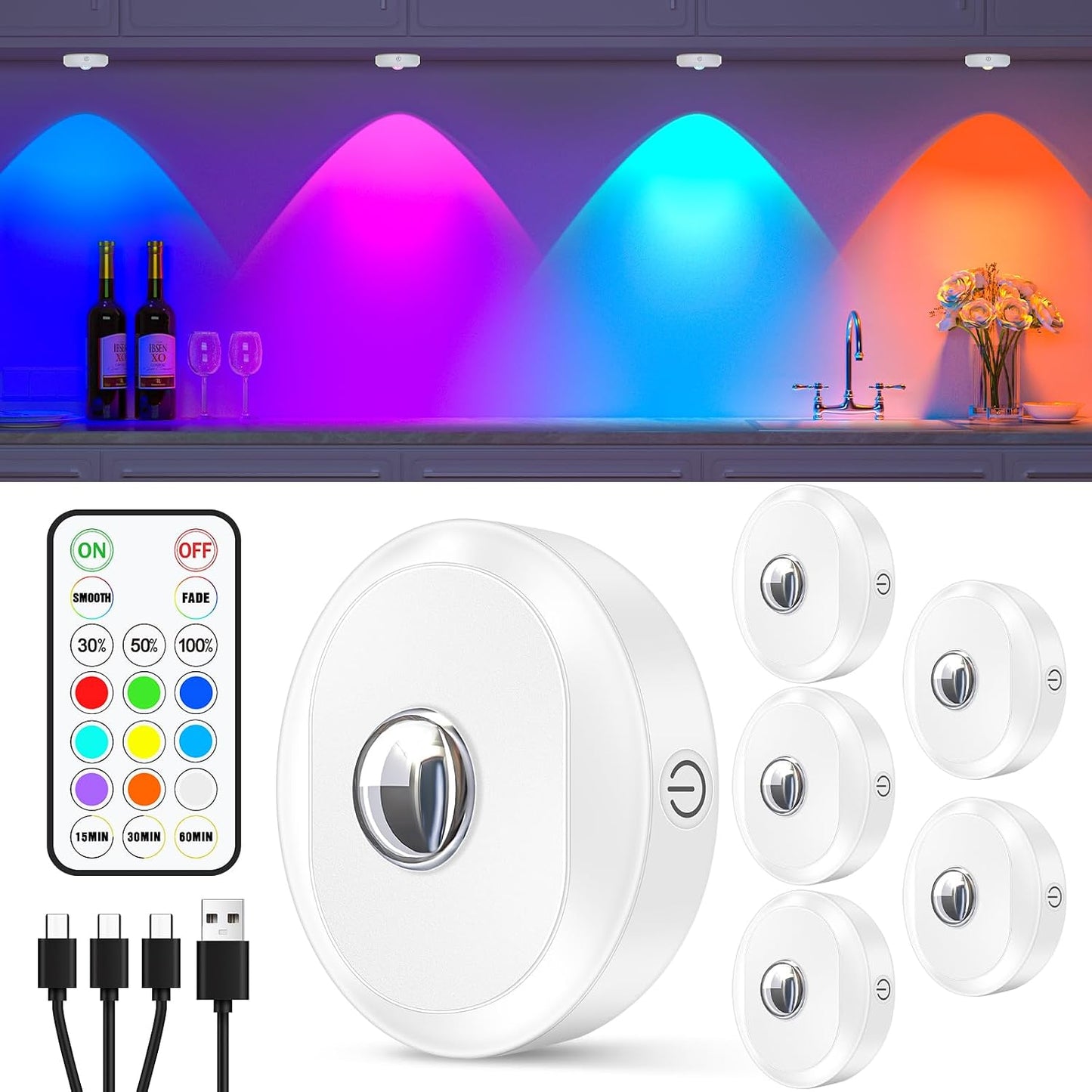 WILLED Rechargeable RGB Puck Lights with Remote Control, 1200mAh Battery Operated Tap Lights, Dimmable Touch Under Cabinet Lighting, Wireless Push Light, LED USB Shelf Light (6 Pack)