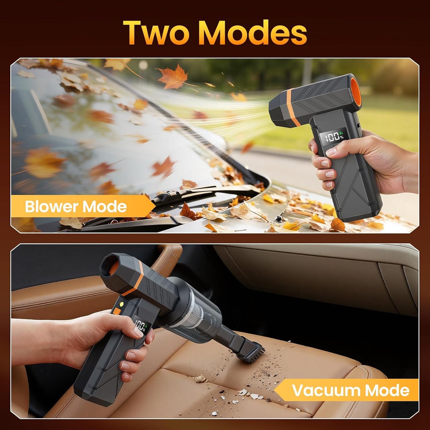 Dzaki Compressed Air Duster & Vacuum 2-in-1, 140000RPM Electric Air Duster, 4-Gear Adjustable Rechargeable Cordless Dust Blower with LED Light Fast Charging for Keyboard PC Car Home Outdoor-Orange