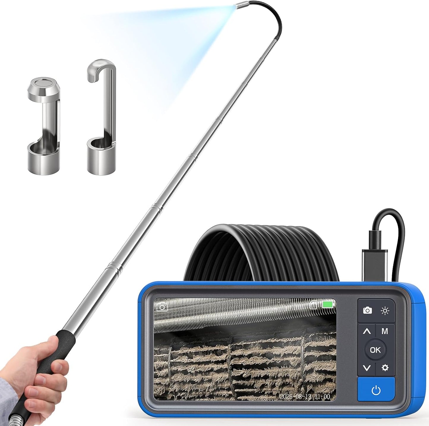 Teslong 5FT Telescopic Endoscope for Ceiling & Roof Inspection | 4.5" IPS Telescoping Pole Camera with 32GB Storage & LED Light - IP67 Waterproof Snake Scope for Wall, Chimney, Gutter, HVAC
