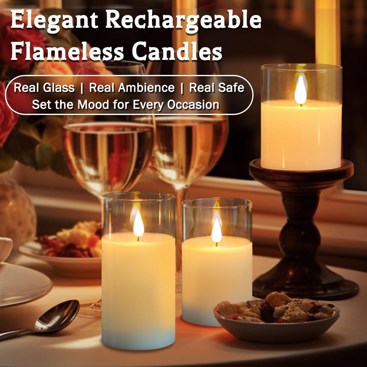Glass Rechargeable LED Flickering Flameless Candles with Remote and Timer | Fake Candles Flickering Warm LED Flame for Centerpiece Table Decorations, Halloween, Christmas & Home Fall Decor (Pack of 3)