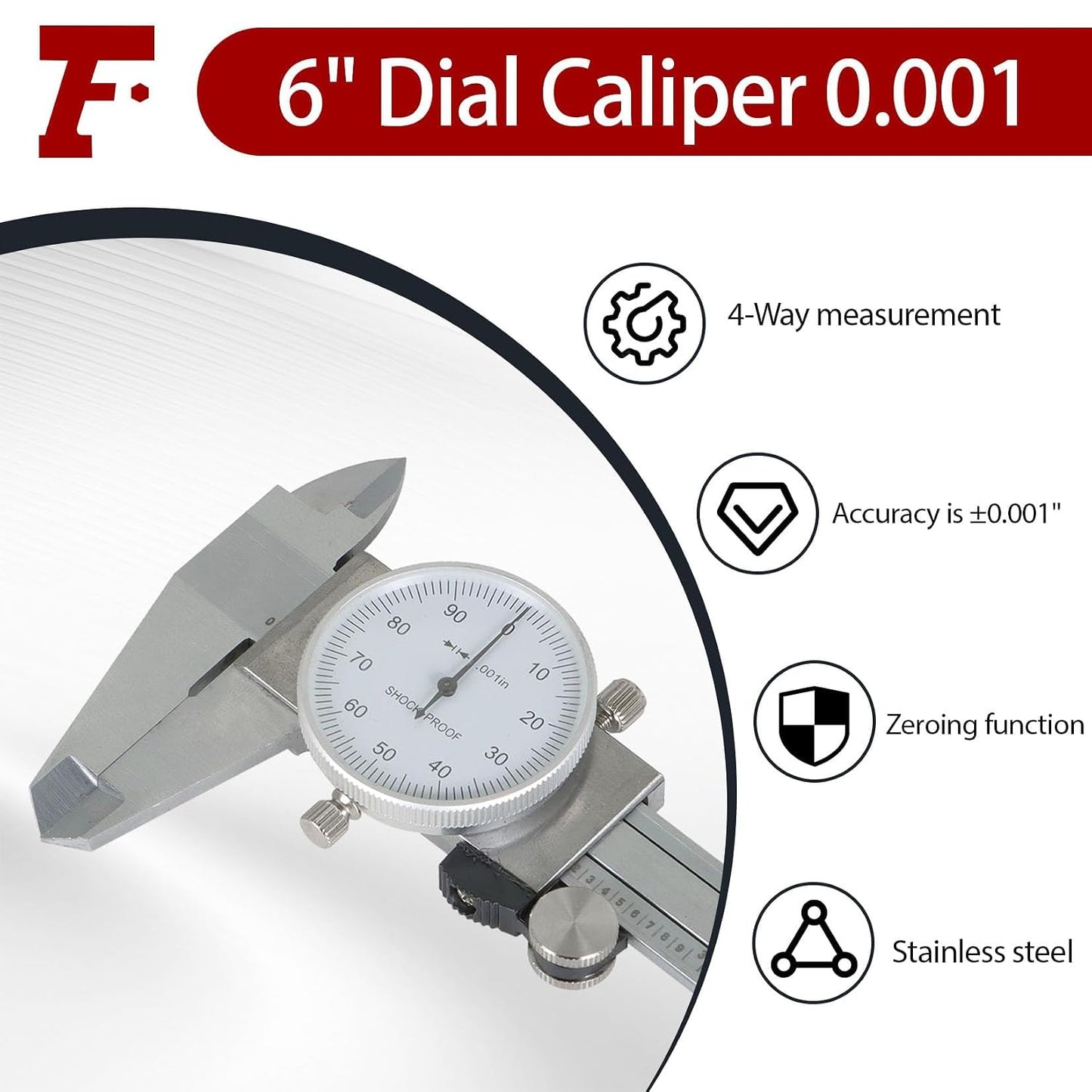 findmall 6" Dial Caliper 0.001 Stainless Steel Caliper Measuring Tool 4-Way Measurement with Plastic Case