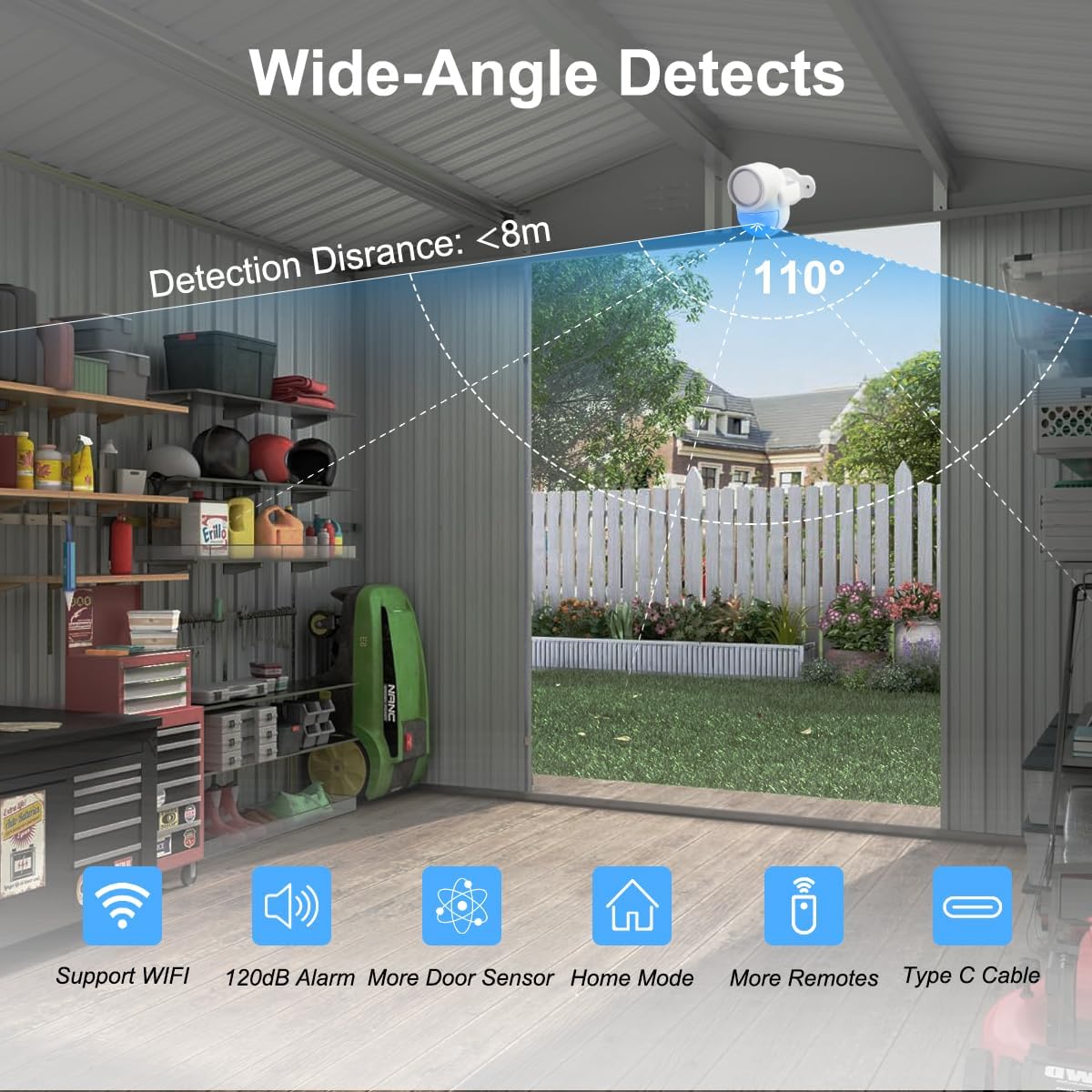WiFi PIR Motion Detector Alarm with 4 Door Sensors and 2 Remote, Home Alarm System with Phone APP Alert for Home Ranch Van Carport Shop120db Extra Loud
