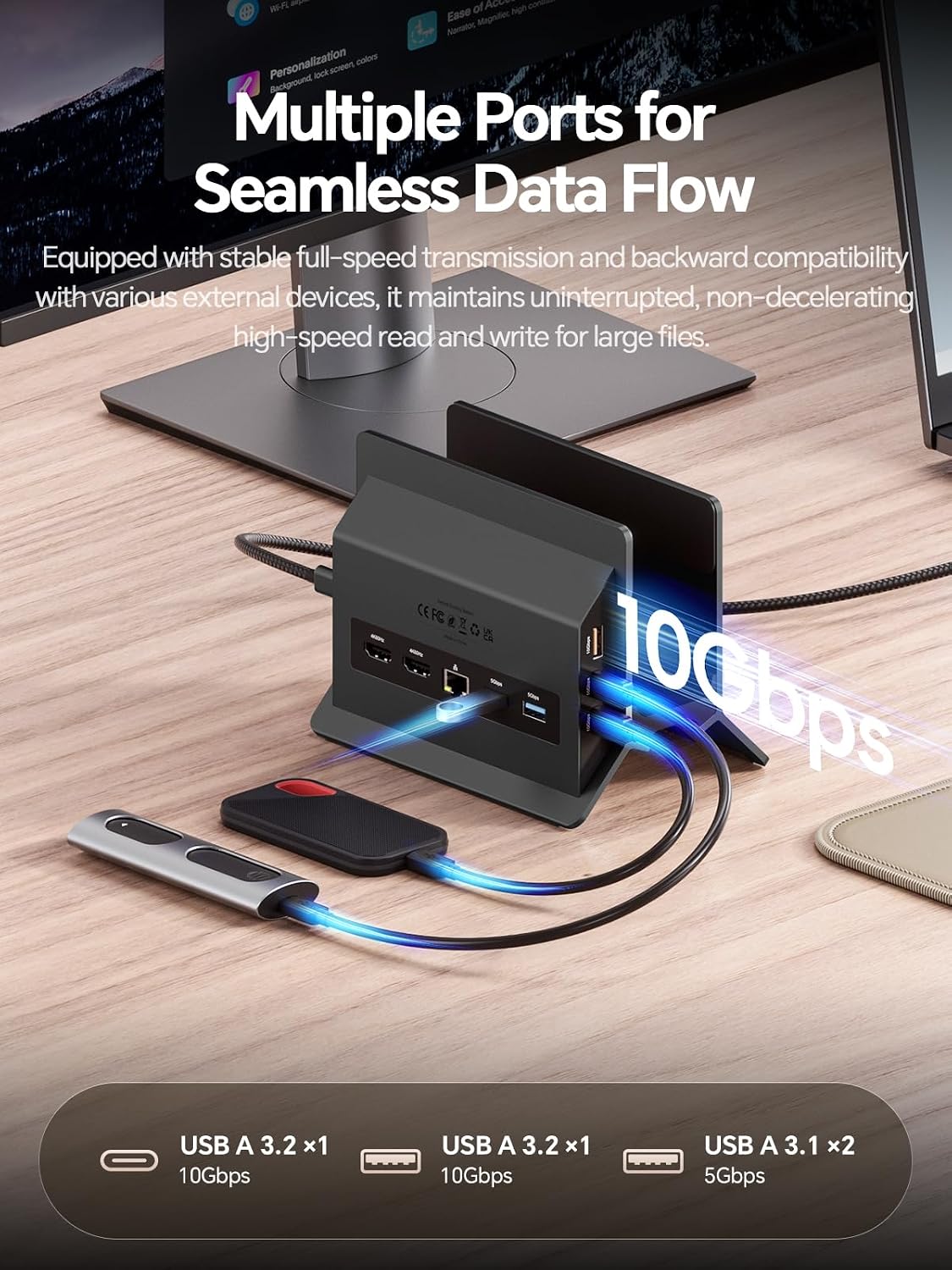 USB C Docking Station Dual Monitor 4K@60Hz, Laptop Dock with Vertical Stand