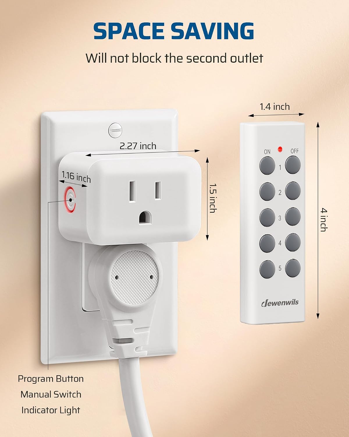 DEWENWILS Wireless Control Outlet 100FT Range, 125V/15A/1875W Light Switch | 2 Remote and 5 Outlets, Programmable and Expandable Electrical Switch for Christmas Decor, Lights, Fans