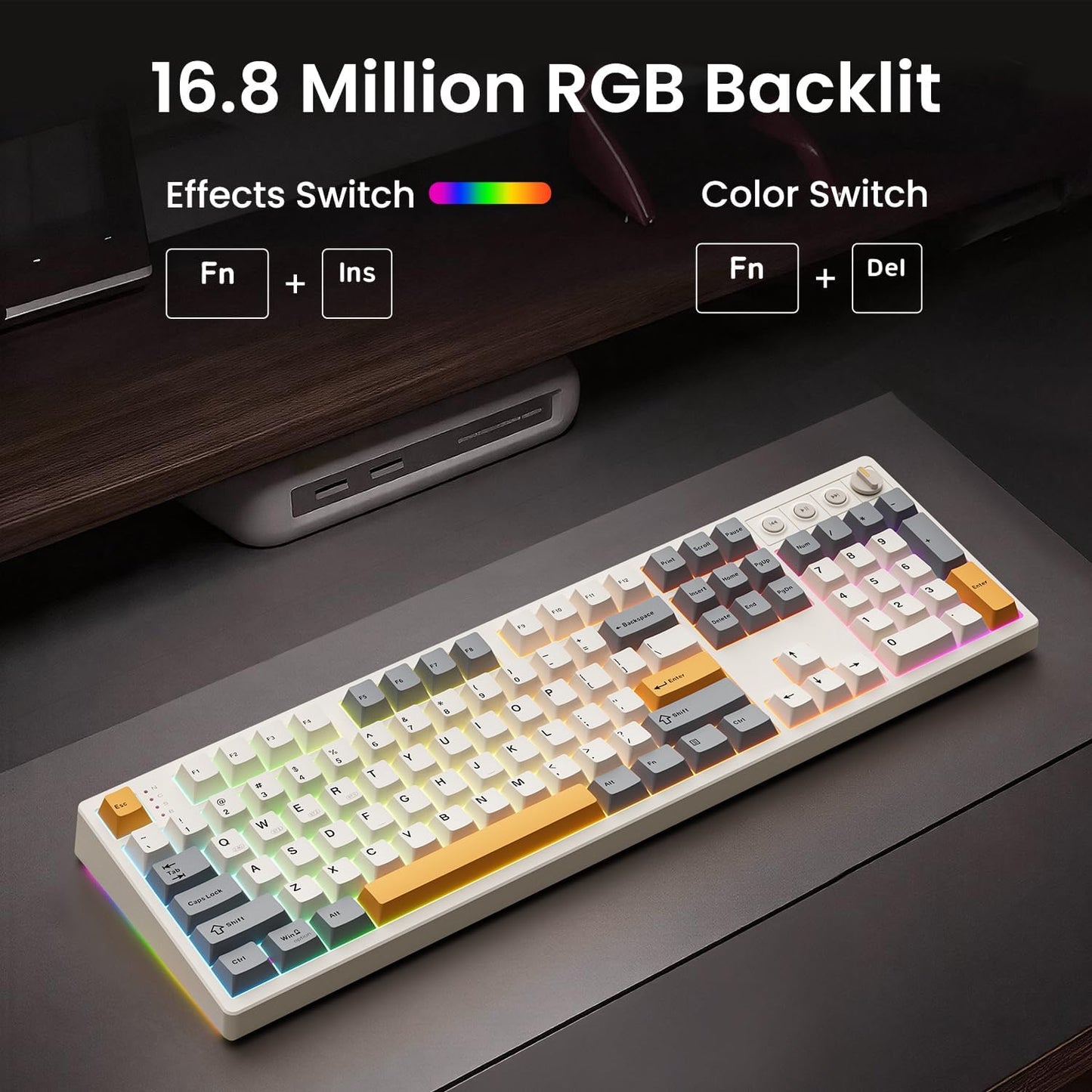Kisnt KN104 Wireless Mechanical Keyboard for Office& Gaming | 100% Full Size with numpad, Bluetooth/2.4GHz/USB-C, Custom RGB, Hot-Swappable, Knob Control, Creamy Sound with Linear Switch
