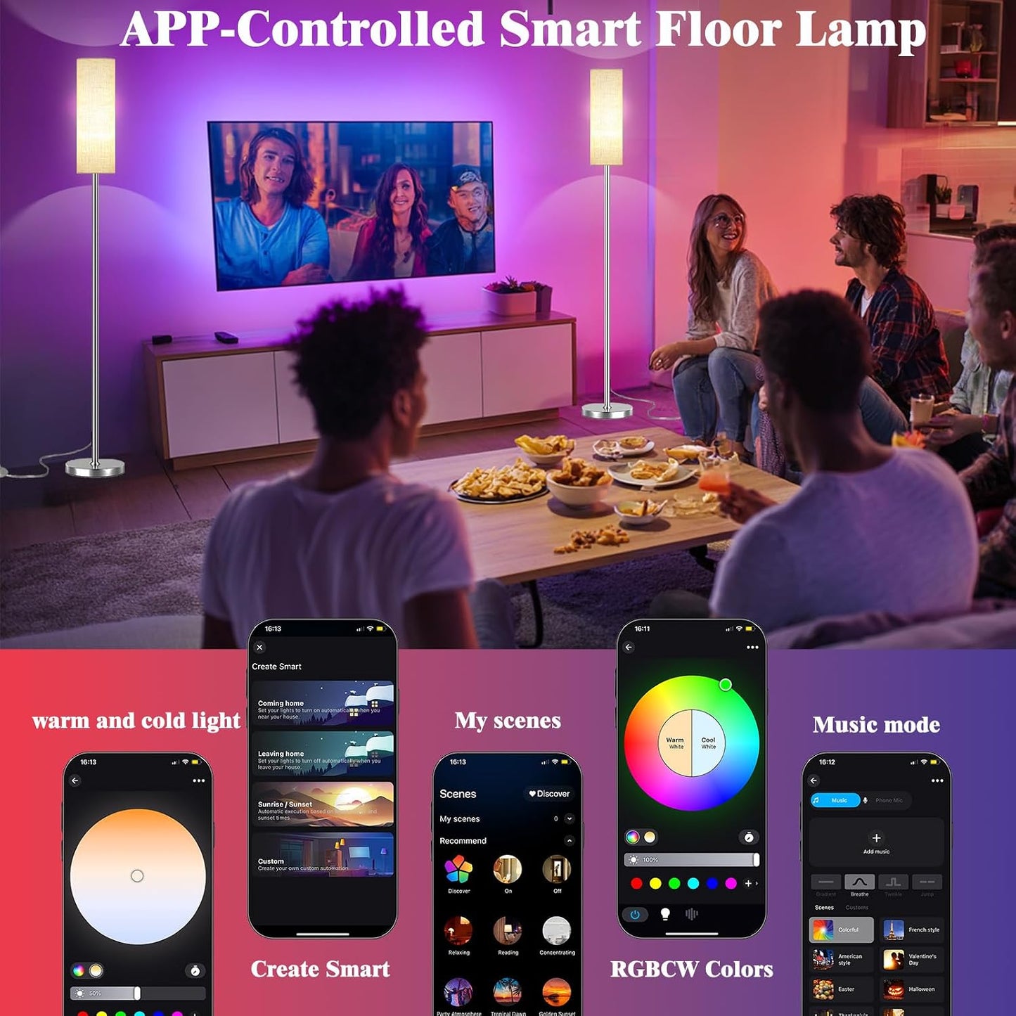 Qaubauyt Smart LED Floor Lamp with APP Control & RGB Colors - Dimmable Standing Lamp for Living Room, Bedroom, Gaming - Remote, Timer, 9W Bulb Included, 67" Modern Tall Lamp (Silver Beige)
