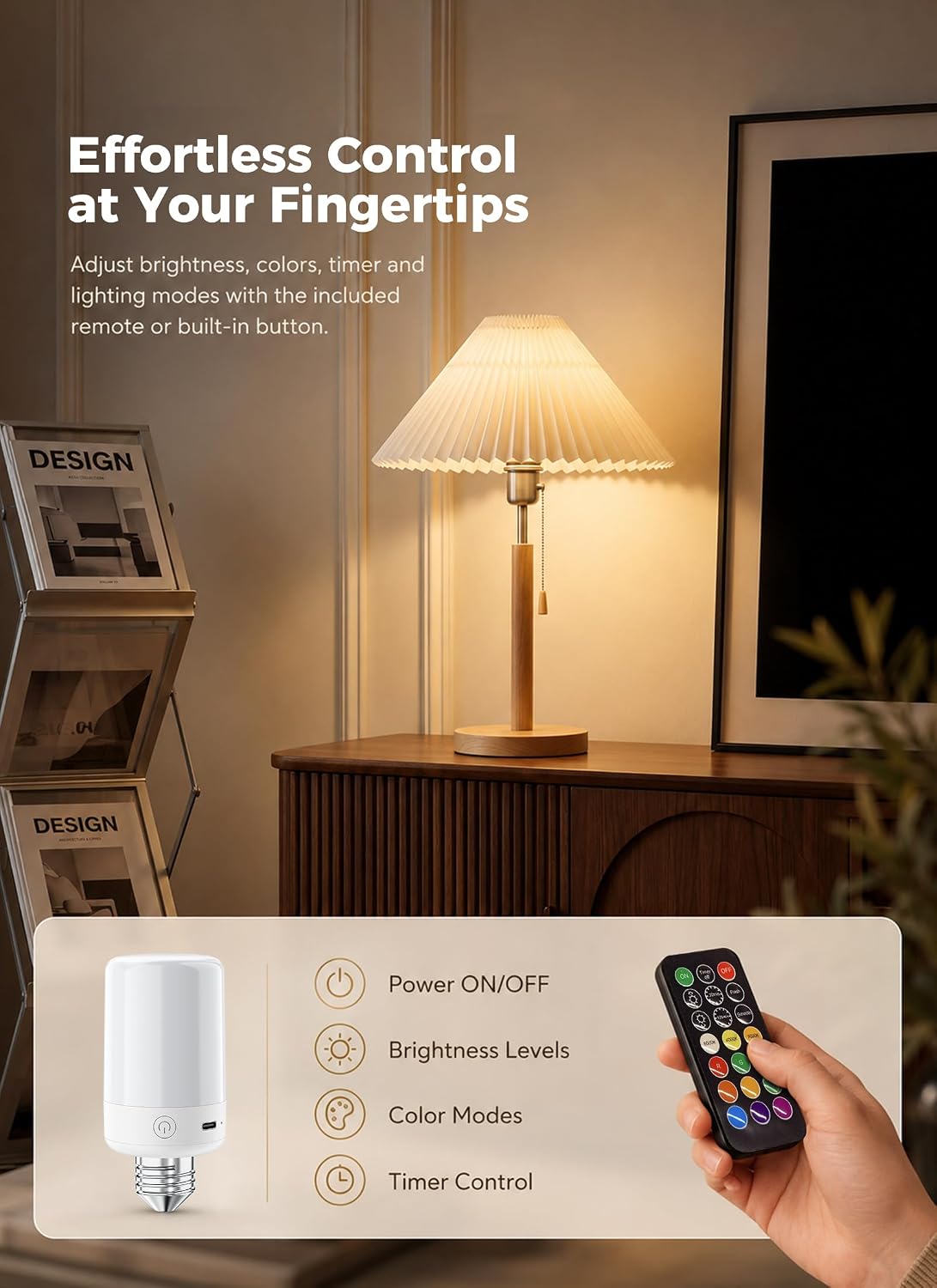 Brightown Upgraded 5200mAh E26 Rechargeable Light Bulbs with Remote Timer | 20–60H runtime, dimmable 3000K–6000K white light, 9 RGB colors, magnetic wireless design for lamps and sconces