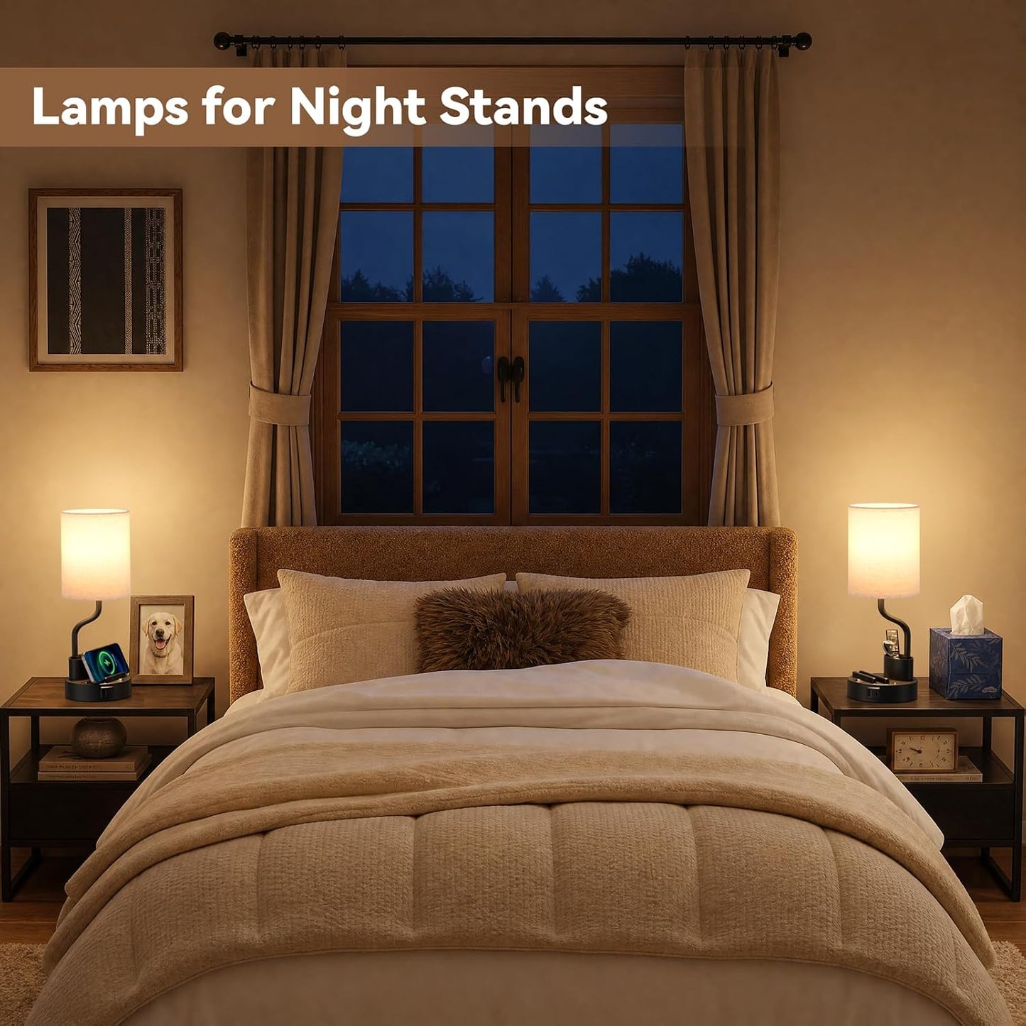 Fenmzee Bedside Lamps for Bedroom Set of 2 - Table Desk Lamp for Nightstand | 15" Table Lamp for Living Room with Pen Holder & Phone Stand, USB A+C Port, AC Outlet, 3 Color Temperature, LED Bulb Included