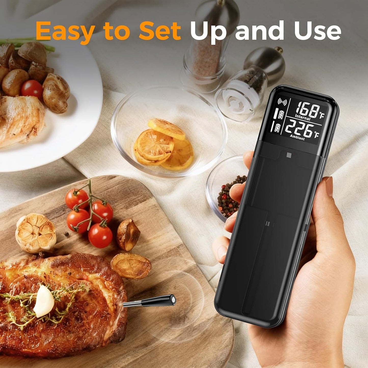 Smart Wireless Meat Thermometer, Digital Cooking Thermometer with Dual High-Accuracy Sensors, Ceramic Heat-Resistant Probe, Instant Read LCD & App Control for Kitchen,BBQ, Oven,Grill,Air Fryer, Black