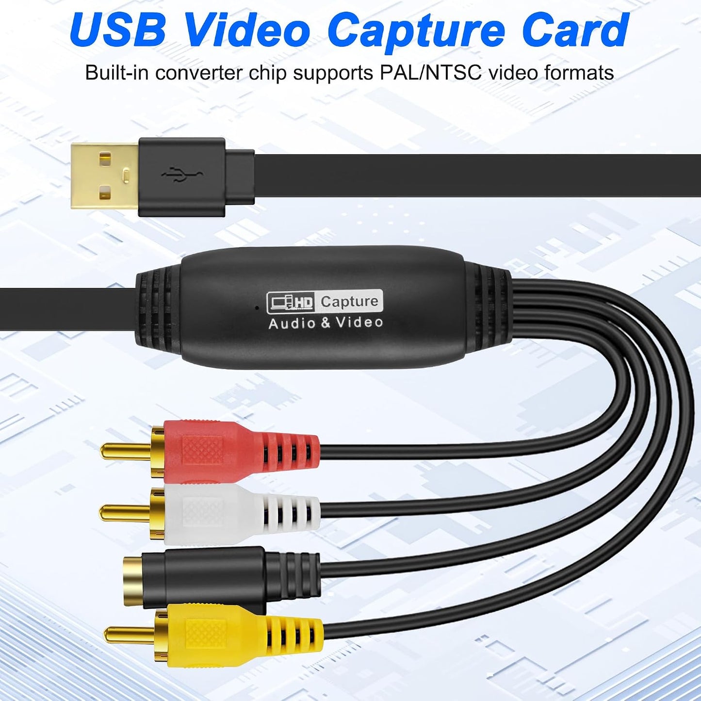 XMSJSIY USB 2.0 Audio Video Capture Card S Video RCA to USB Digital Grabber Recorder CVBS VHS VCR to Digital Converter for DVD Player,Laptop,PC,Tape Recording -1.2M/3.9FT (S-Video+3 RCA Male to USB)