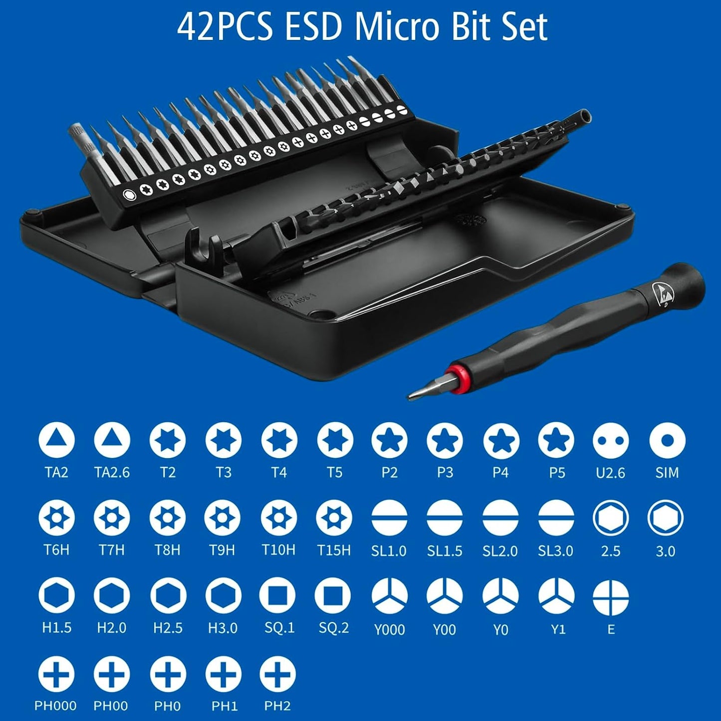 42 Piece ESD Micro Precision Screwdriver and Bit Set,Professional Repair Tool Kit for Laptops,Drones,Hard Drives,Gaming Consoles,Cameras,Watches,and Other Precision Devices