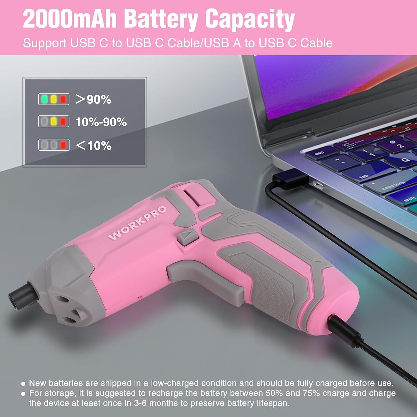 WORKPRO Pink Cordless Screwdriver Set, Rechargeable Eccentric Screwdriver | 3.6V Screwdriver Kit Set with 24Pcs Bits, Delay-off LED Light, 2000mAh High-Capacity Battery, Carrying Case Included