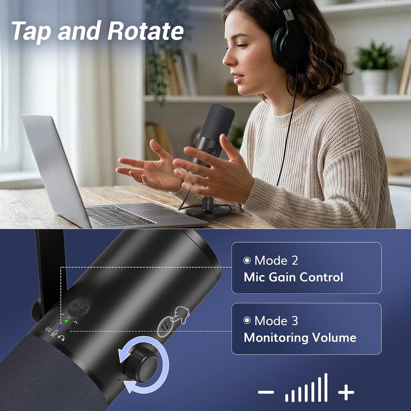 TONOR Dynamic Podcast Microphone for Studio, Cardioid XLR/USB Mic, AI Noise Cancellation, Tap Mute, 3.5mm Headphone Jack for Monitoring, Volume Control, Microfono with Desktop Stand, Black, TD510 AIR
