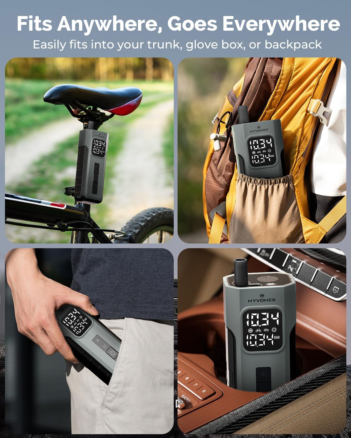 HYVOHEX 150 PS Portable Bike Pump for Tire Inflator Electric Air Compressor | 1 Min Fast Inflation with Digital Pressure Gauge & LED Light, Fit for Car, Motorcycle, Bicycle Tires and Sports Balls