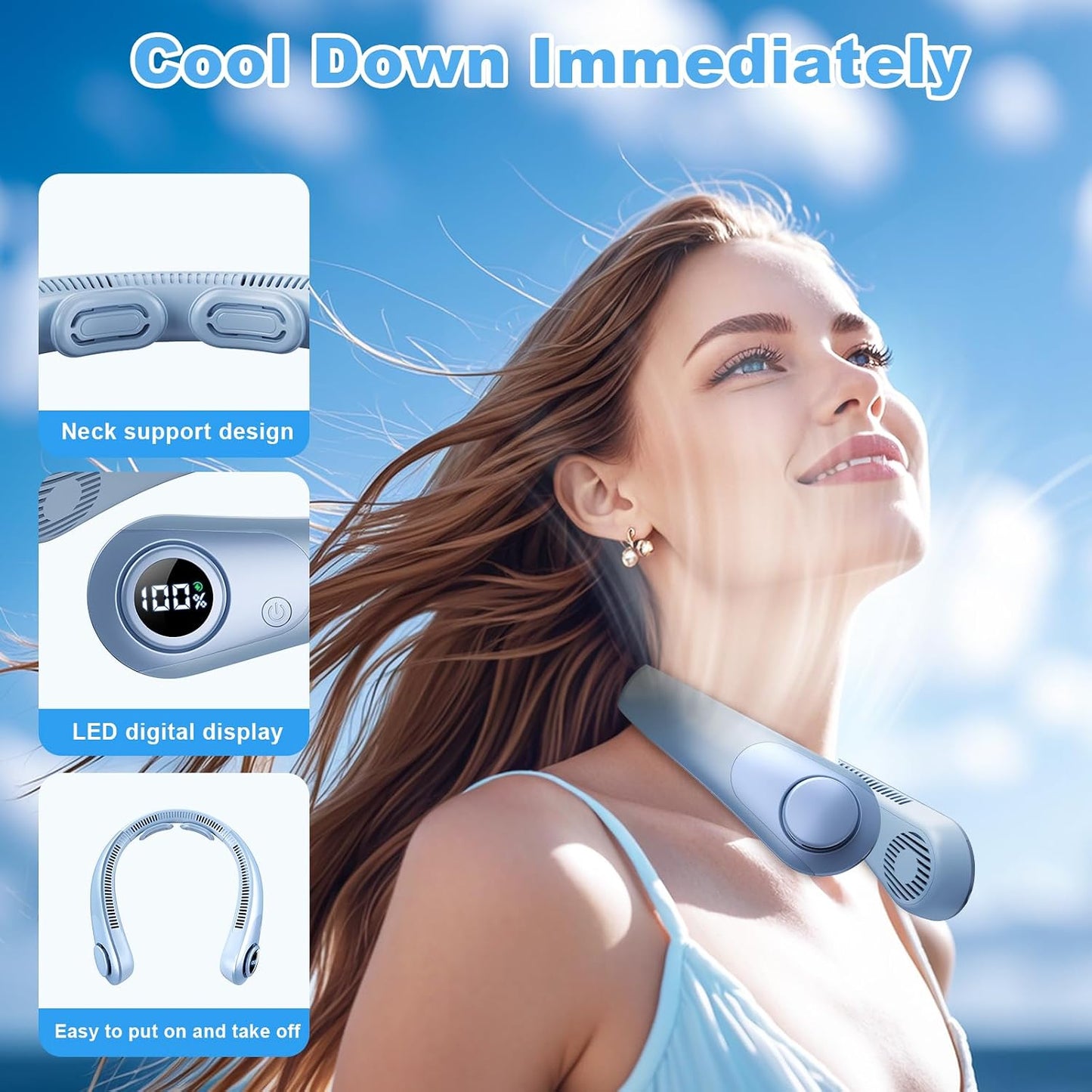 Portable Neck Fan that Blow Cold Air, LED Display, Rechargeable Hands-Free Wearable Cooling Personal Fan, 5 Speed, Neck Support, Bladeless Neck Air Conditioner, Gifts for Women/Men, Hot Flashes