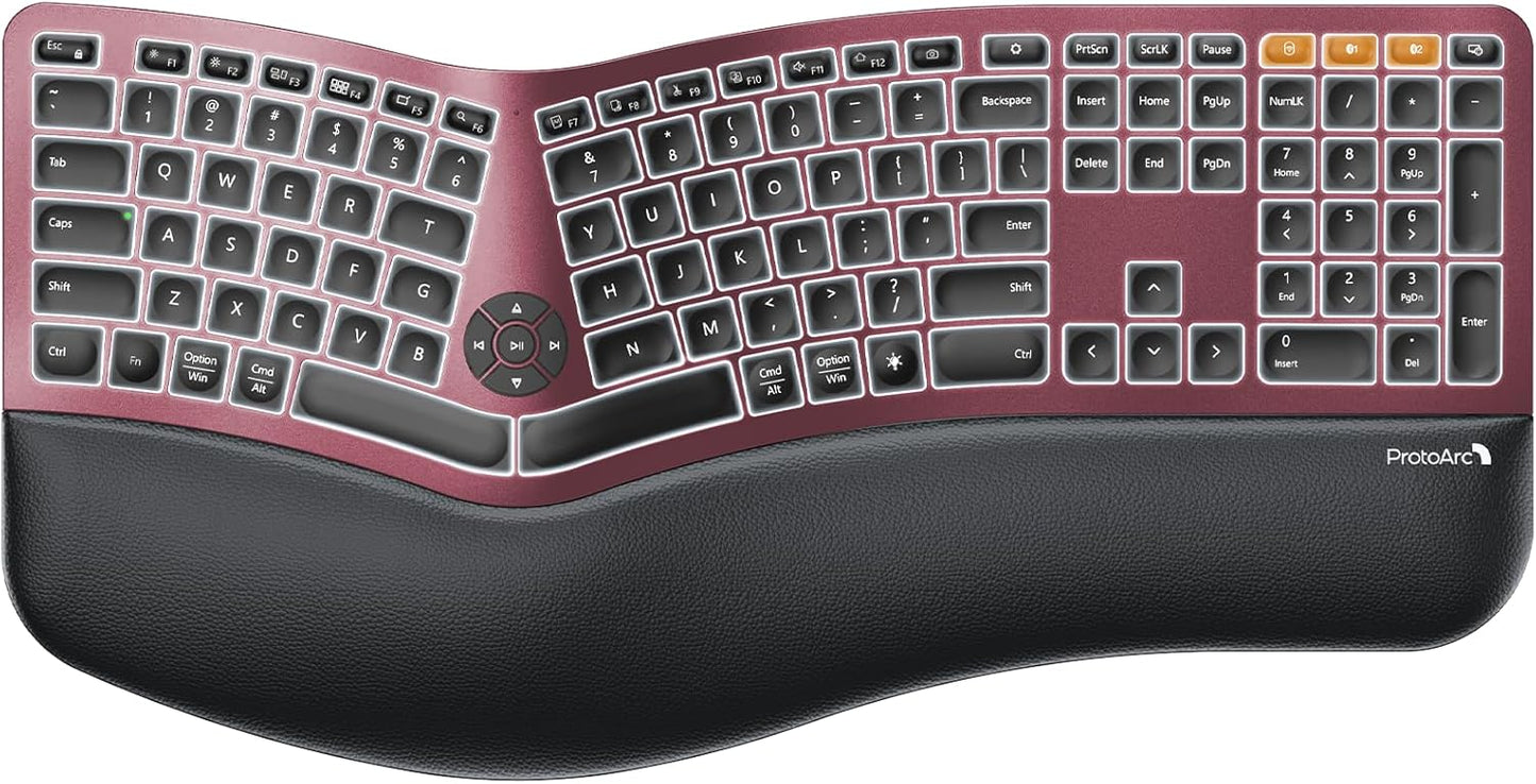 ProtoArc EK01 Plus Backlit Bluetooth Ergonomic Keyboard, Full Size, Red | Adjustable brightness, split design, cushioned wrist rest, connect 3 devices via Bluetooth/2.4G, 2000mAh USB-C rechargeable.