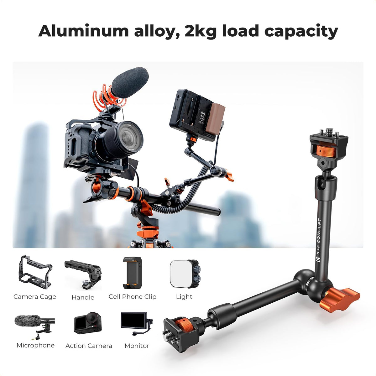 K&F CONCEPT 11" Magic Arm Clamp with Clamp ARRI 1/4" & 3/8" Thread Screw | 360° Ball Heads Arm with Clamp Mount for Monitor, LED Light, Webcam, Action Camera, MS33