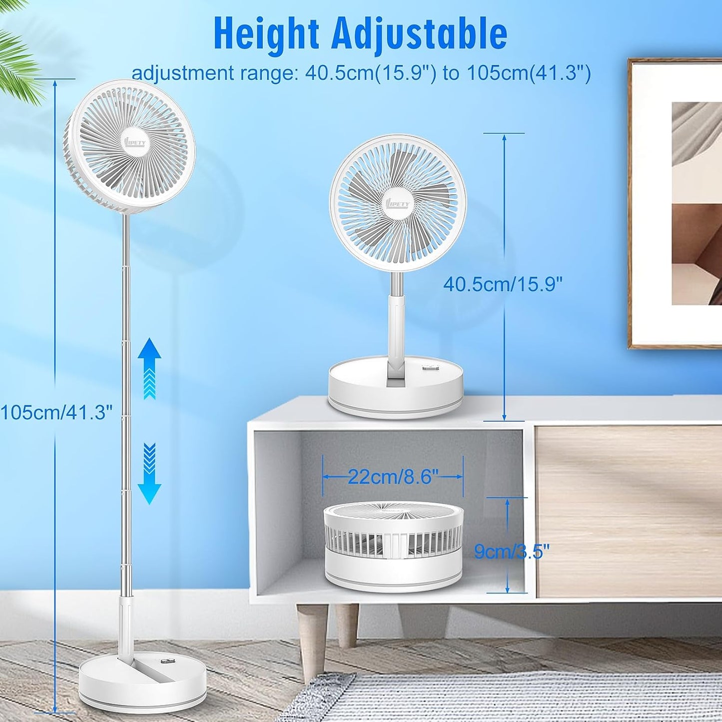 Portable Foldable Rechargeable Oscillating Fan - 8.6" 8000mah Remote Fan | Battery Operated USB C Small Fan Quiet Table Desk Fan Folding Standing Pedestal Fan for Bedroom Rome Office Camping Travel