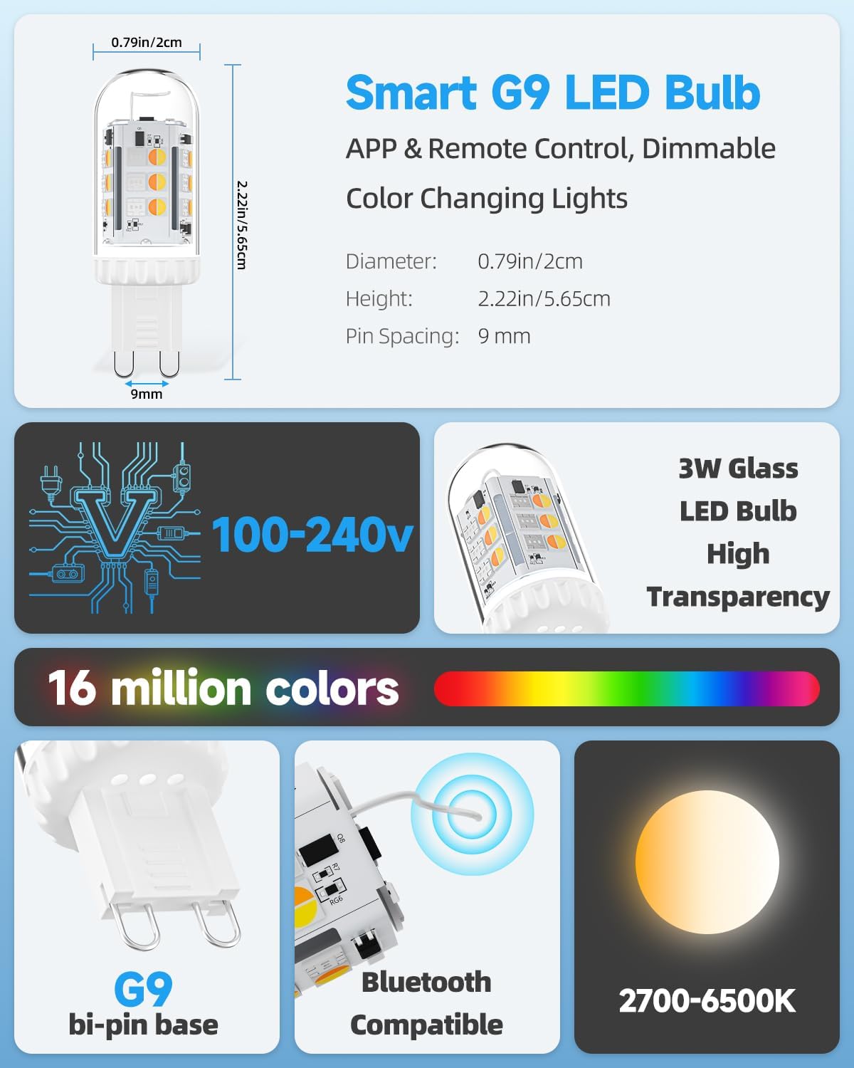 Color Changing G9 LED Bulb 120V 3W Smart Bluetooth G9 Bulb 2-Pack