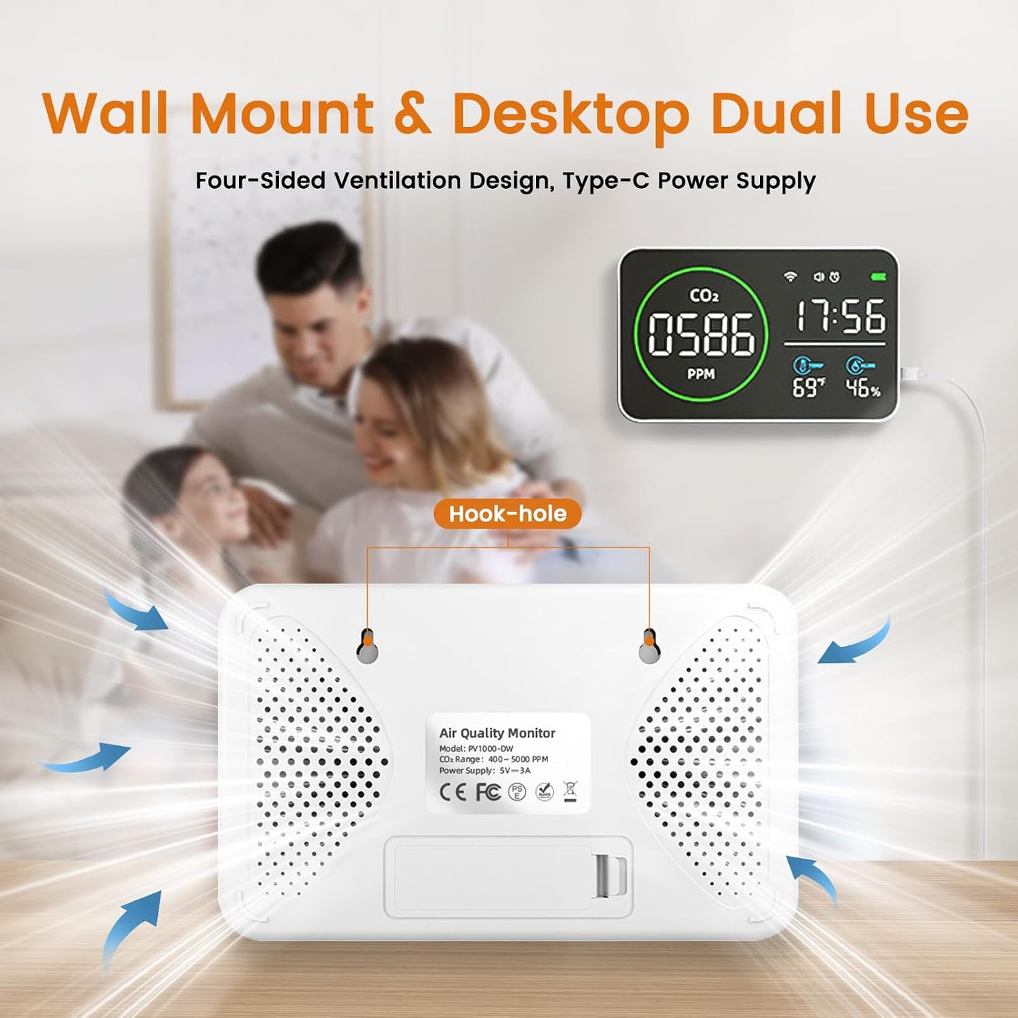 Smart Air Quality Monitor Indoor, WiFi Air Quality Tester with APP Remote Control for CO2 Temperature Humidity, Wall-Mounted Air Detector for Home Office
