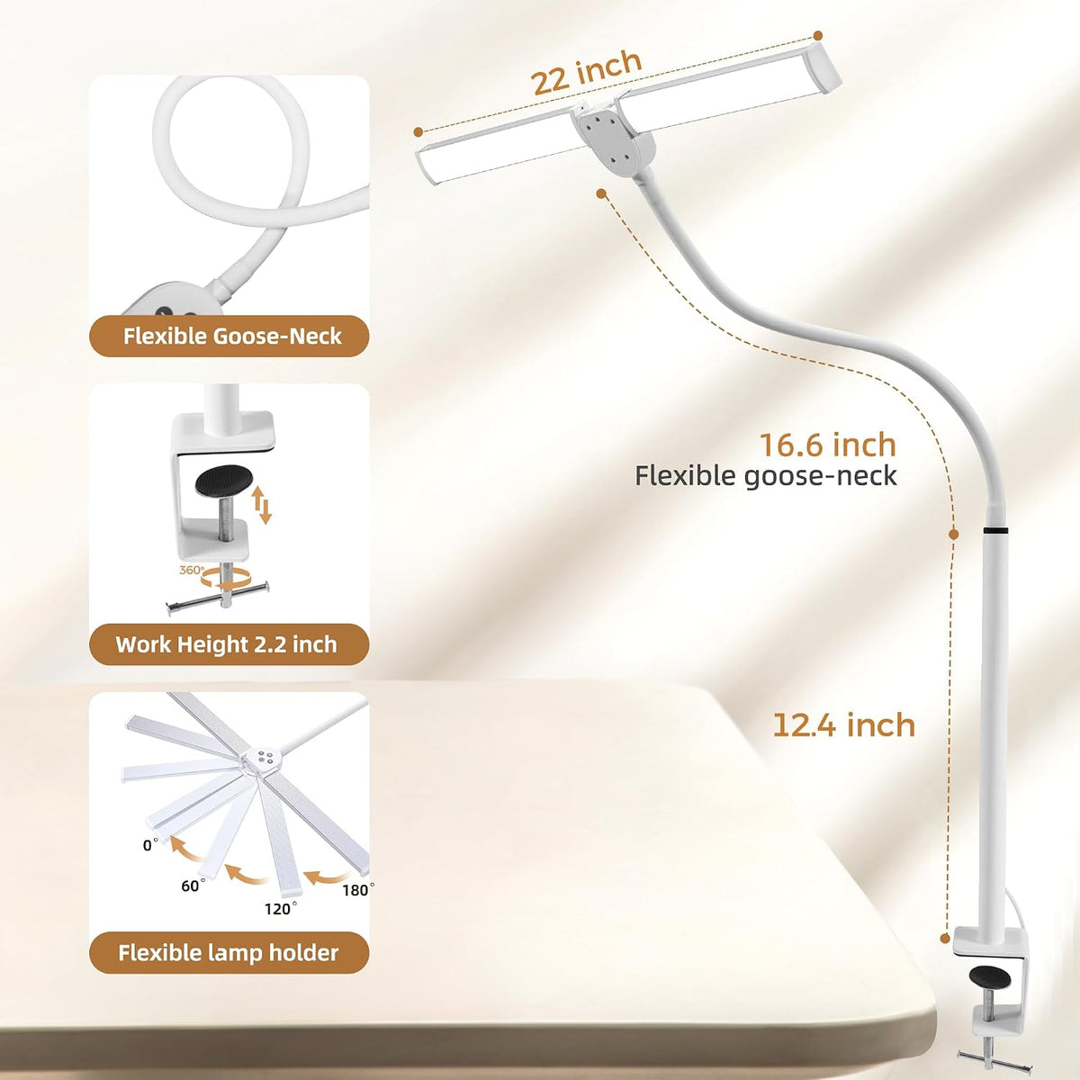 Motumen Led Desk Lamp for Home Office, Eye-Care Desk Light Clamp, White