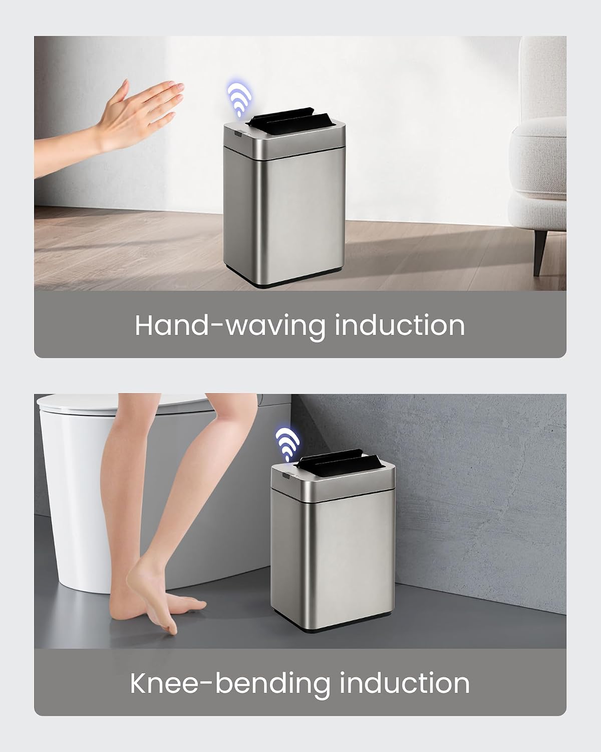 ELPHECO Slim Bathroom Trash Can with Lid 2.6 Gallon Smart Trash Can Silver