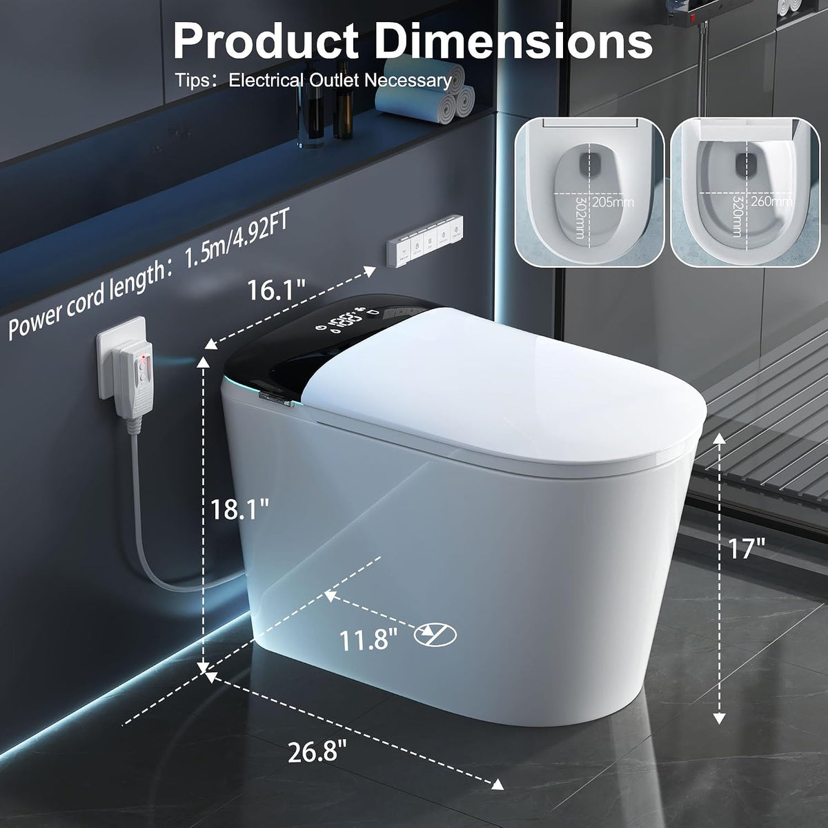 Smart Bidet Toilet with Tank, Foam Shield, Dual Auto Flush, Manual Soft-Close Lid&Seat, Foot Sensor, Electric Modern One Piece Toilets for Bathroom with Siphon Dual Flush 0.8/1.2 GPF