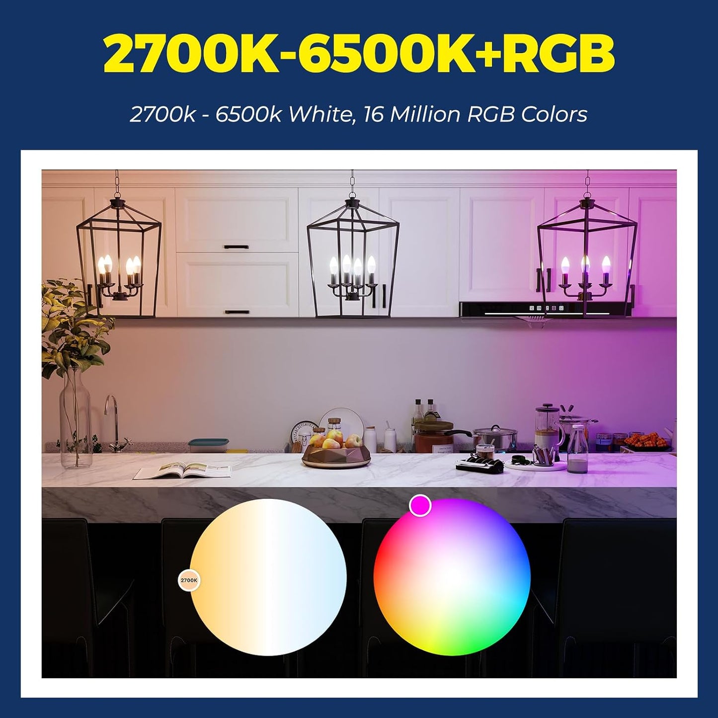 Lightinginside E12 Smart Light Bulbs 60W Equiv., Work with Alexa/Google Home/SmartLife, 500LM 6W RGBCW Candle Candelabra LED Bulbs, No Hub Required, 2.4G WiFi & BLE Chandelier Bulb, ETL Listed, 3PCS