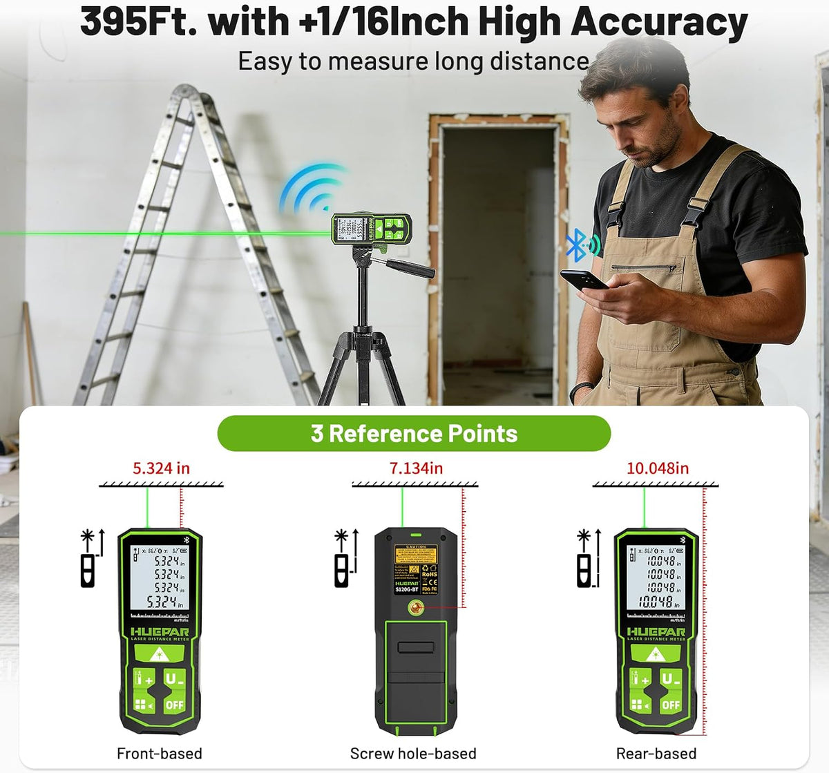 Huepar 395FT Bluetooth Green Laser Measuring Tool S120-G-BT | with 60" Tripod, APP Control, 1/16in Accuracy Laser Distance Measurement Tool, Digital Laser Room Measuring Device