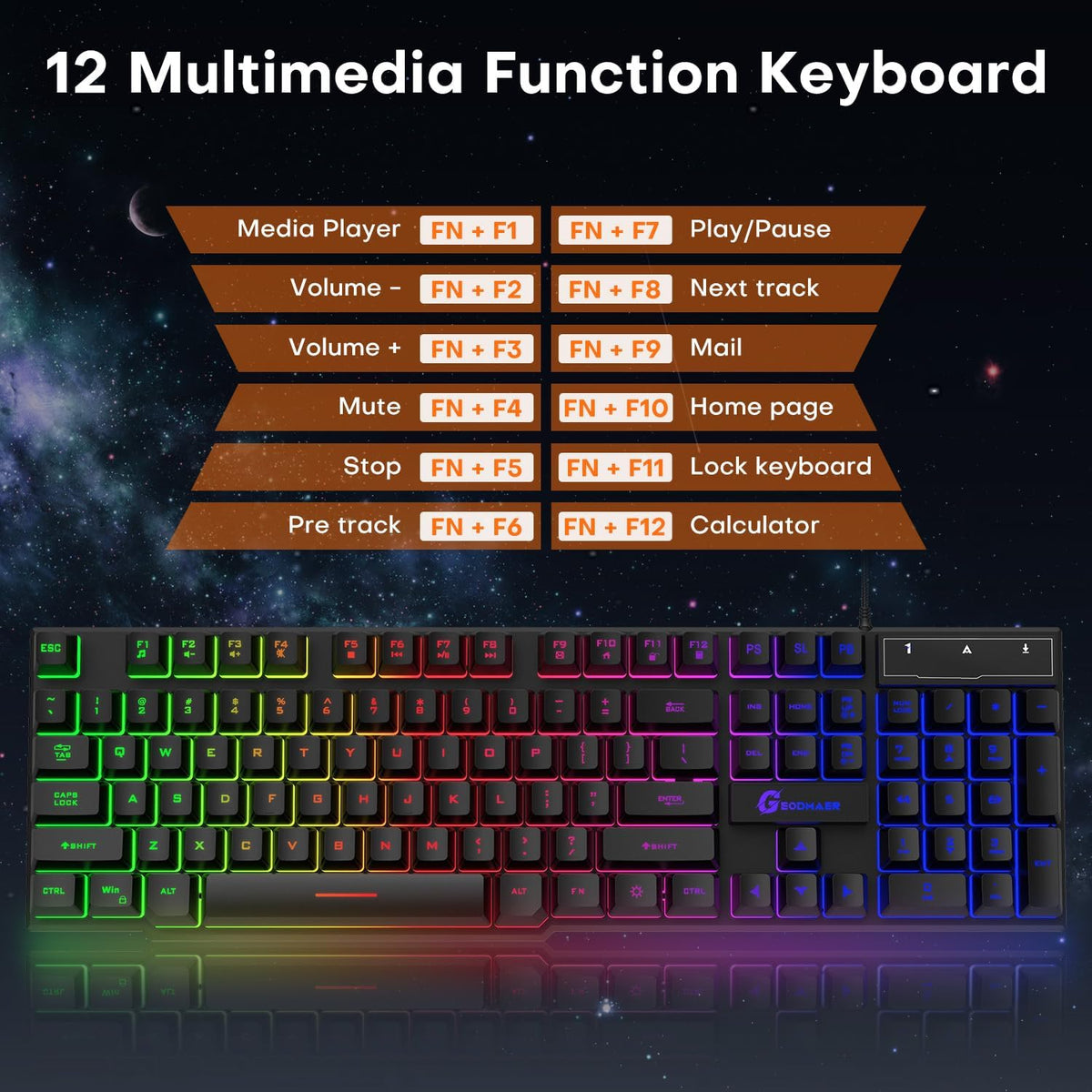 GEODMAER 104 Keys Gaming Keyboard, Full Size LED Backlit Wired Keyboard with Multimedia Keys, Anti-Ghosting, Spill-Resistant Membrane Gaming Keyboard for PC Laptop