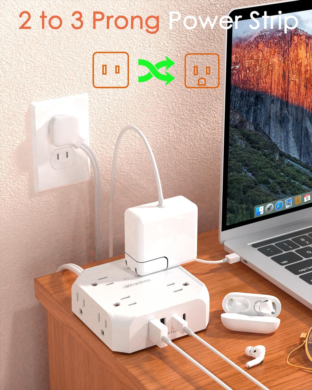 2 Prong Power Strip, WRXDMC 2 Prong to 3 Prong Outlet Adapter with 5ft Cord | 1400J Two Prong Surge Protector, Flat Polarized Plug, 8 AC with 2 USB C and 2 USB A, Wall Mountable, Ideal for Old House