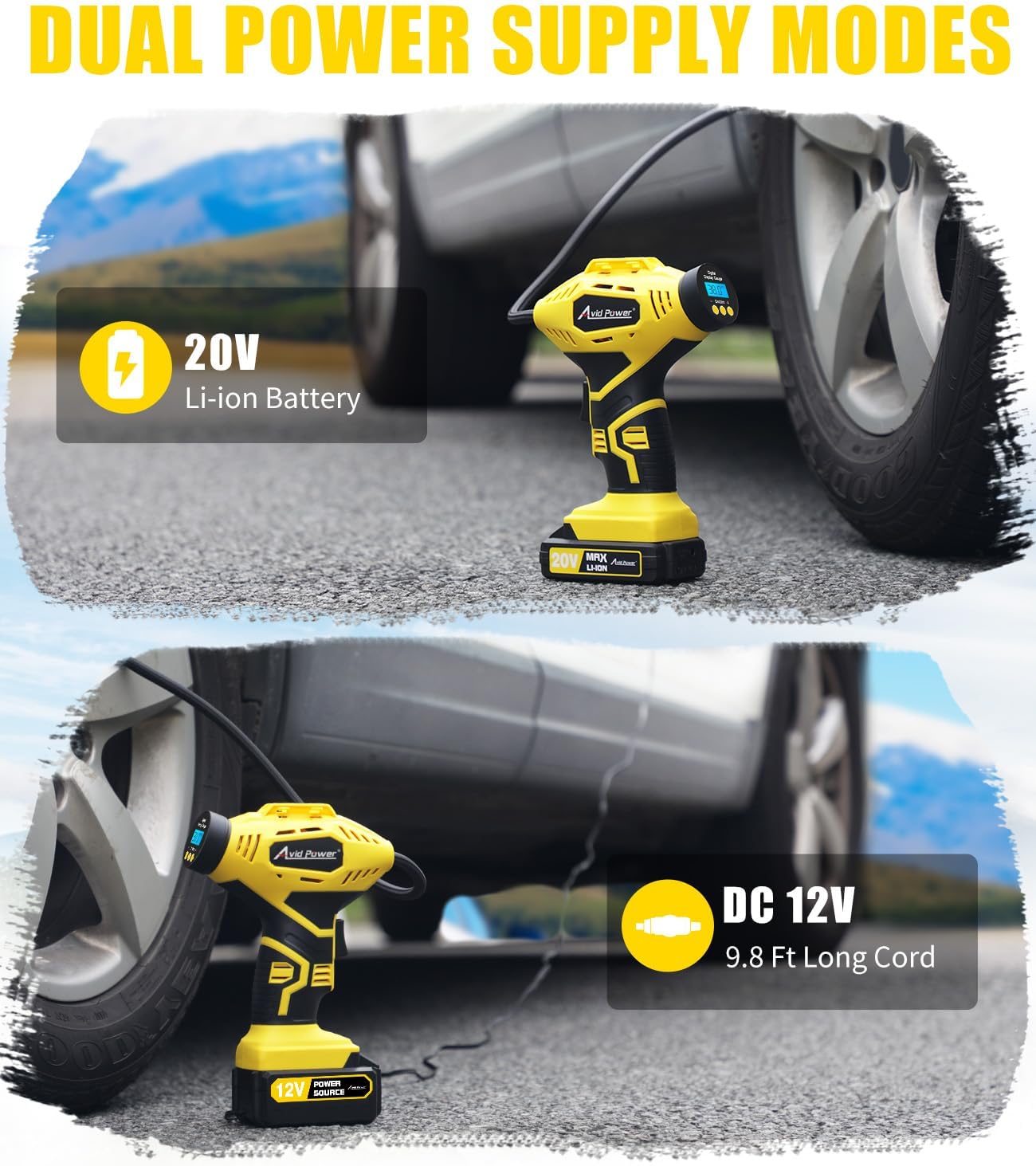AVID POWER 20V Rechargeable Cordless Tire Inflator Portable Air Compressor | Auto Shut-Off, 12V DC Adapter, Air Tire Pump for Car, Bike, Ball, Motorcycle, 30 LPM, Digital Gauge, Yellow, for Emergency
