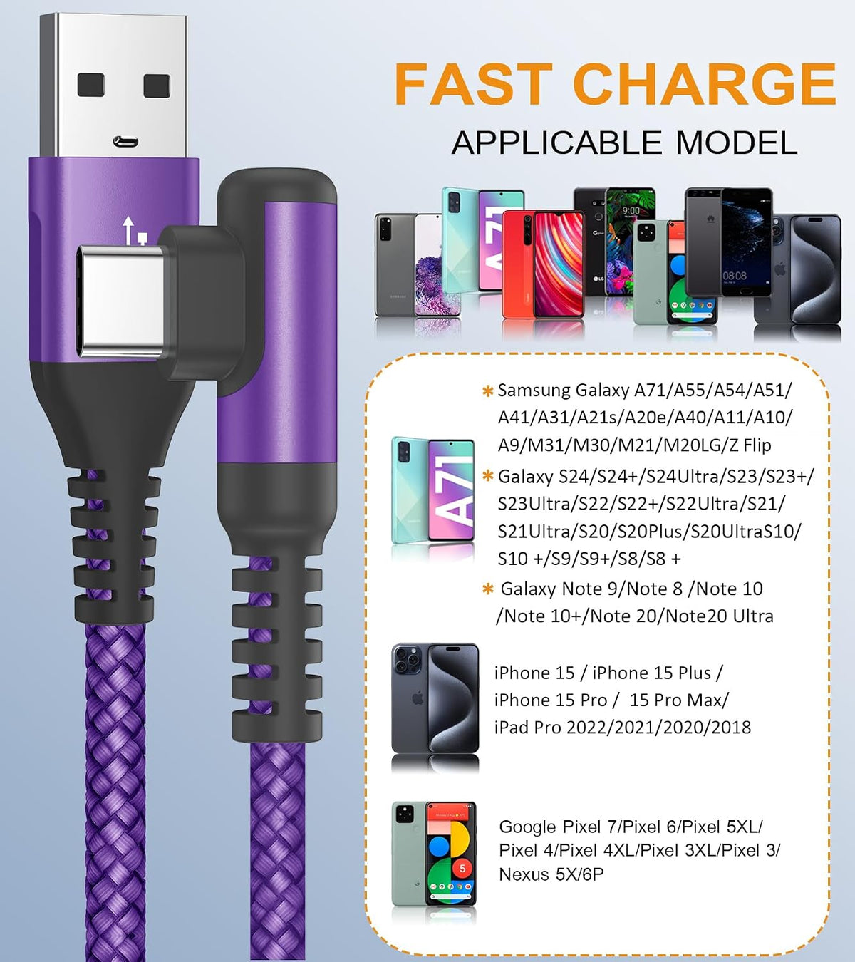 USB to USB C Cable Right Angle 2-Pack 3.3ft 3.1A Fast Charging Carplay Cord