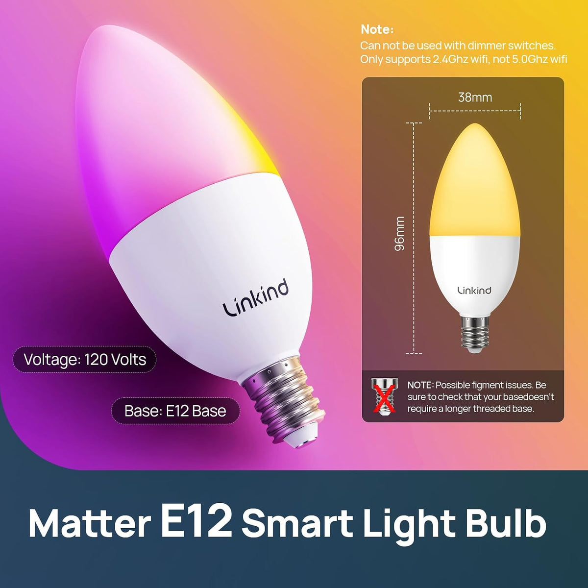 Linkind Matter E12 Led Bulb, Candelabra Color Smart Light Bulbs, 4 Pack