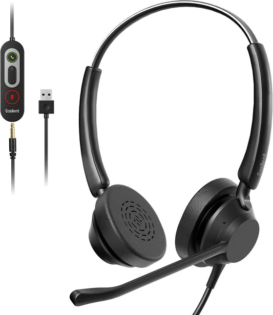 Wired Work Headset with Mic for PC, USB Headset with Noise Canceling Mic & in-line Control for Meetings, Computer Headset for Work, Office, WFH, Teams, Zoom, 3.5mm/USB-A